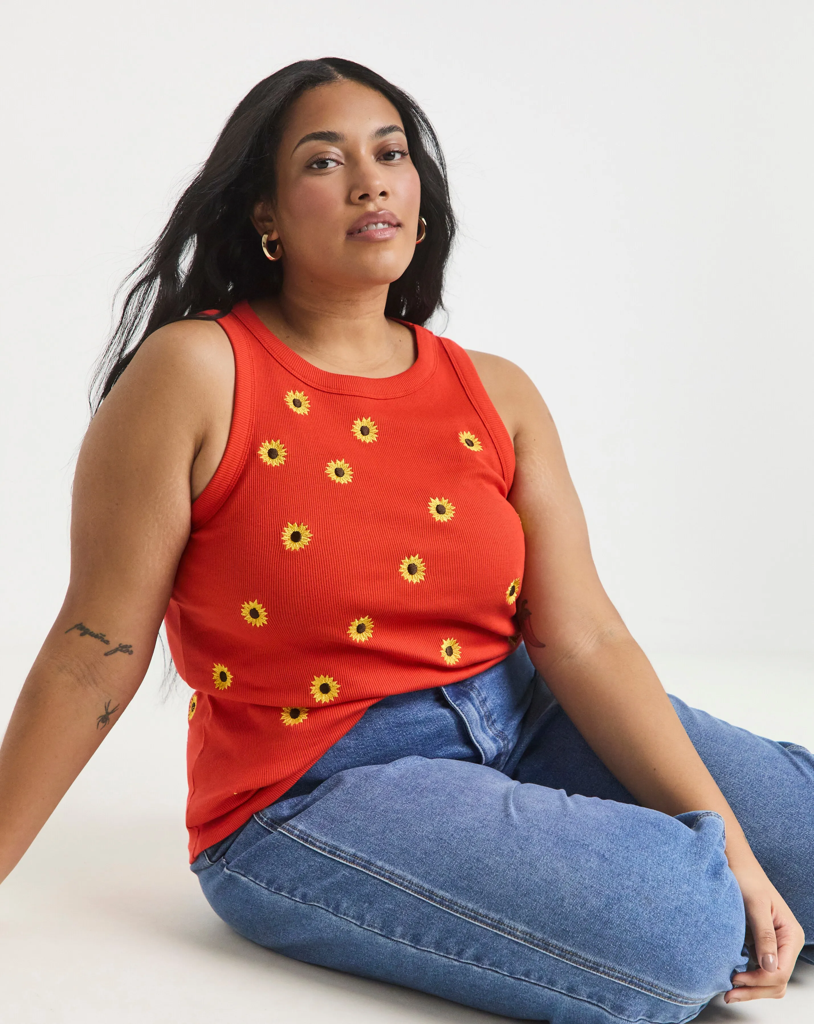 Simply Be Red Ribbed Sunflower Embroidery High Neck Tank