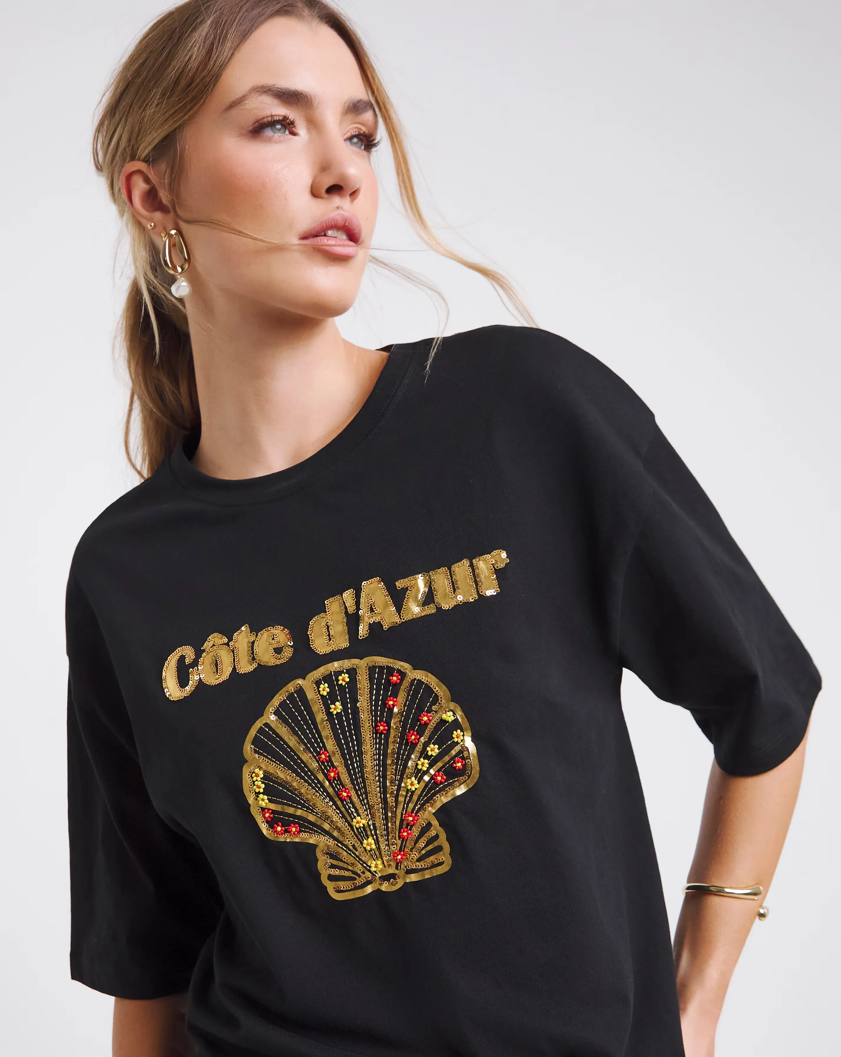 Simply Be Black Embellished Cote D'Azure Graphic T-Shirt
