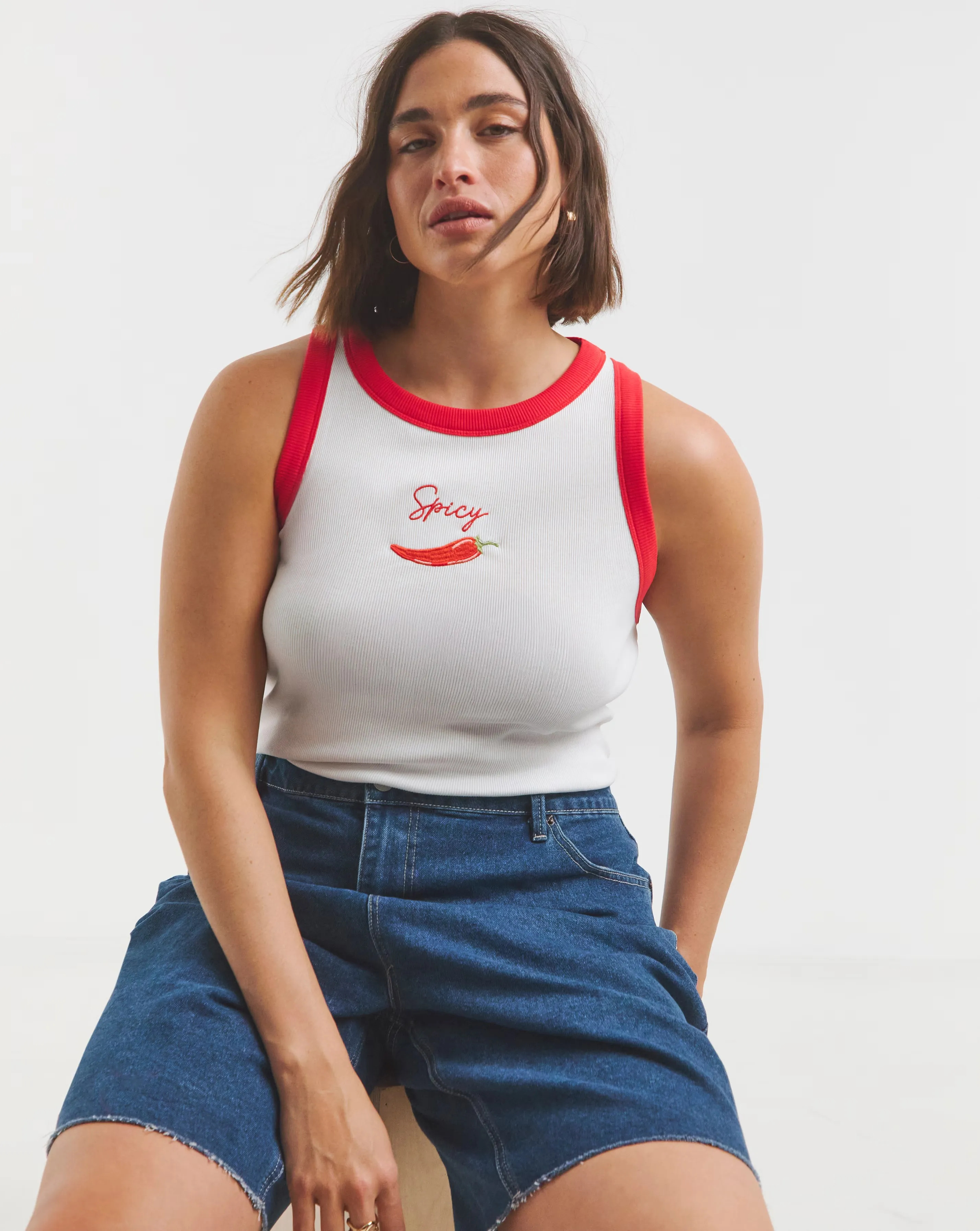White & Red Chilli Embroidered Tank
