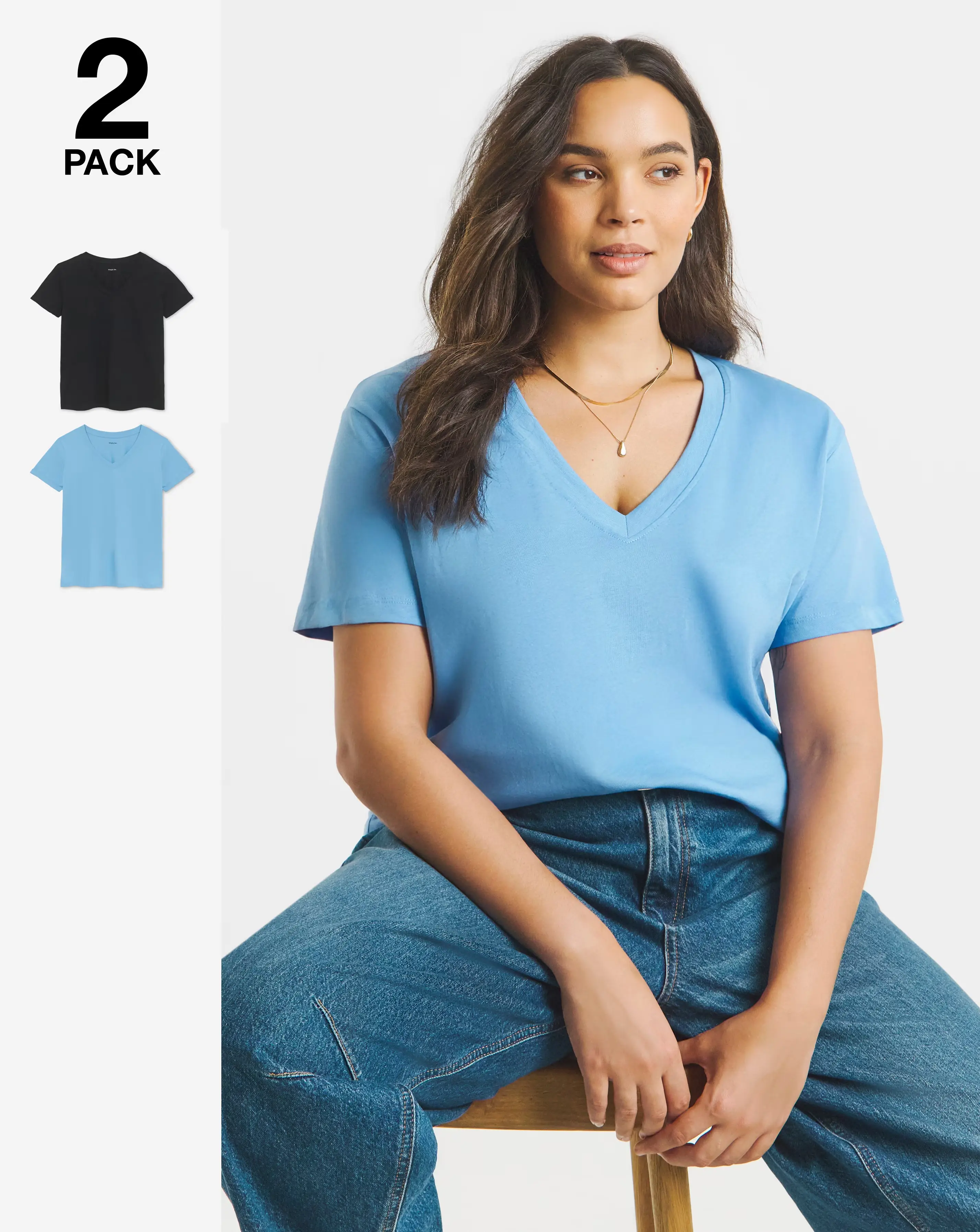 Simply Be Black & Blue 2 Pack Pure Cotton V Neck T-Shirts