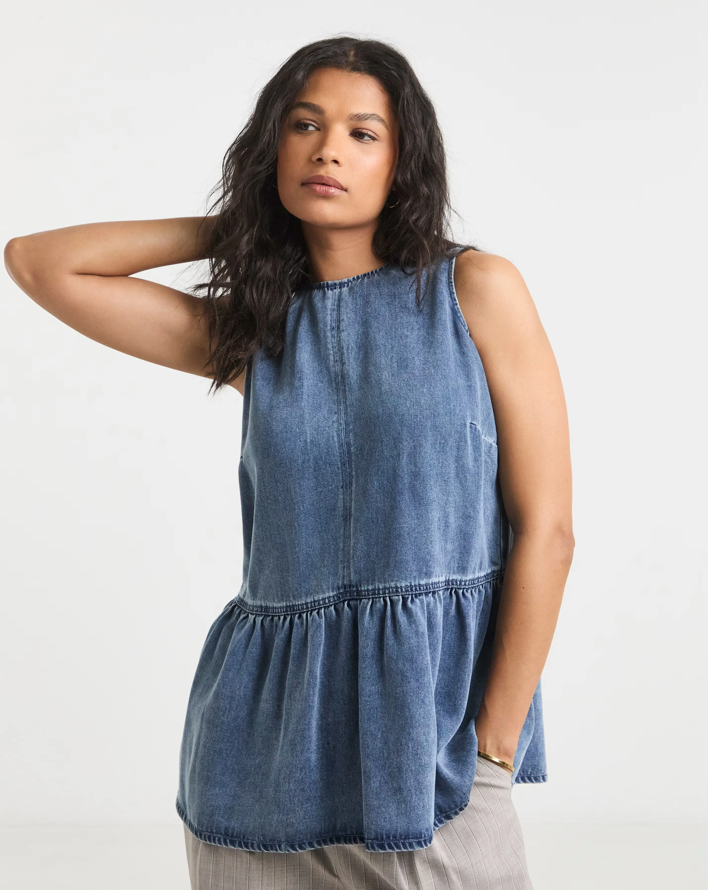 Mid Blue Lyocell Peplum Sleeveless Denim Top 1 4825-mid-blue-lyocell-peplum-sleeveless-denim-top-1.webp