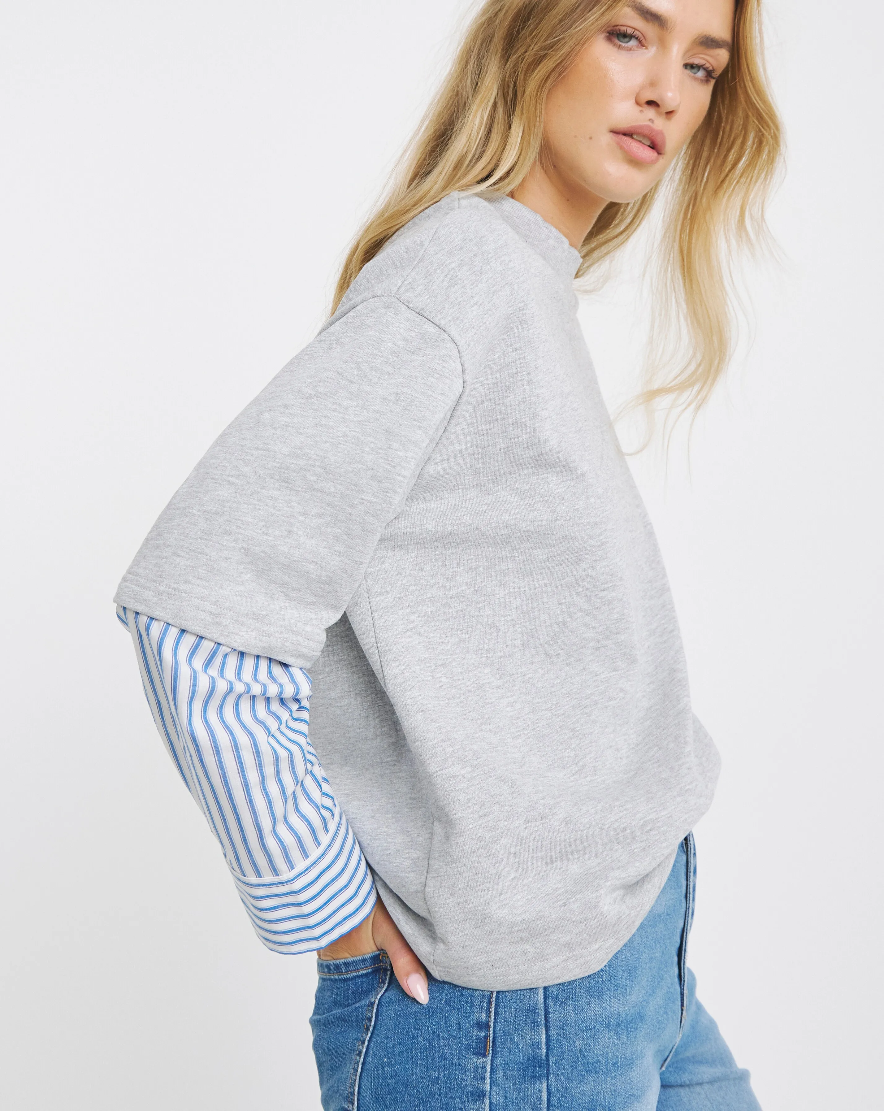 Grey Marl 2 in 1 Woven Sweatshirt with Stripe Sleeves 1 48964-grey-marl-2-in-1-woven-sweatshirt-with-stripe-sleeves-1.webp