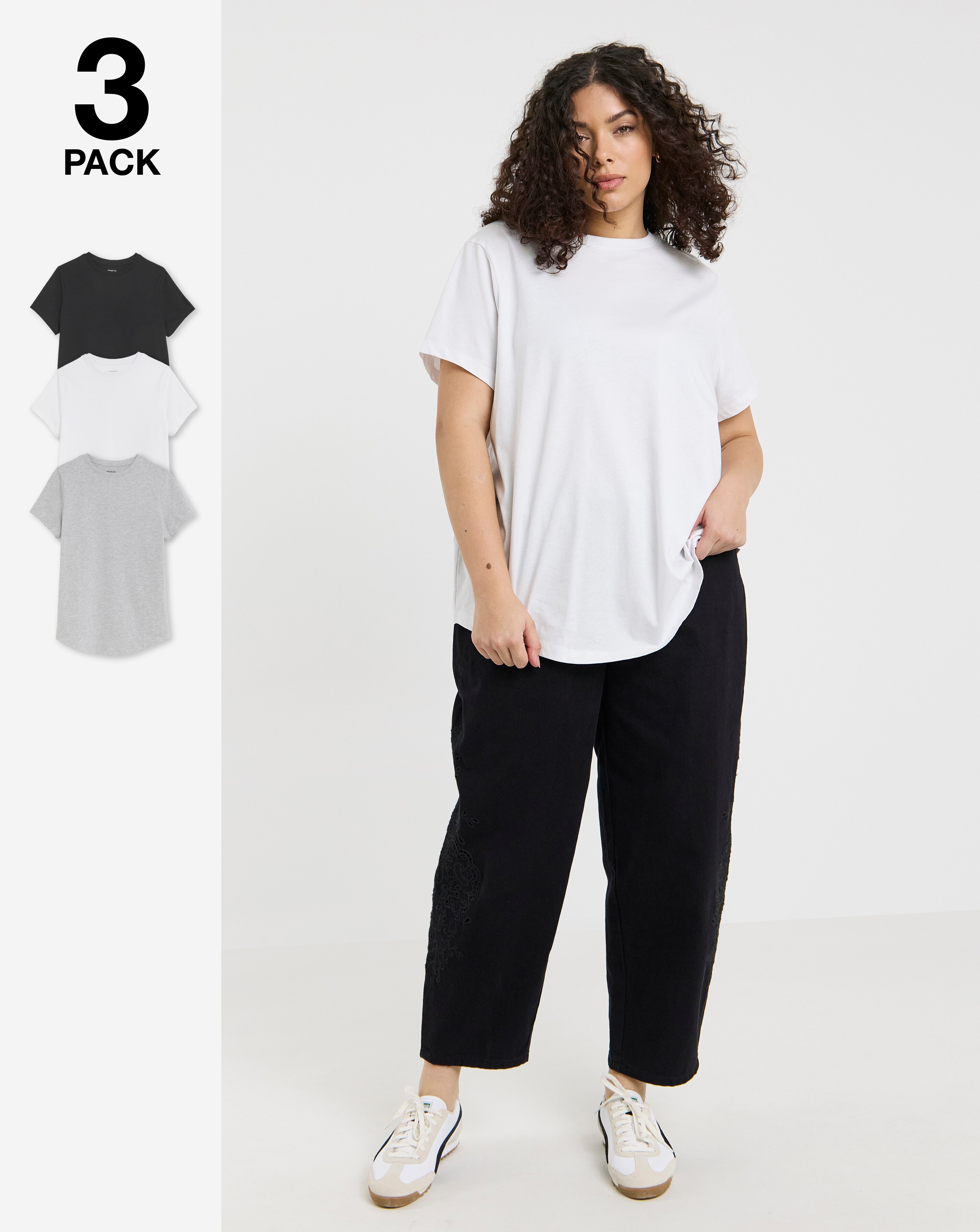 Black, White & Grey 3 Pack Pure Cotton Curved Hem T-Shirts