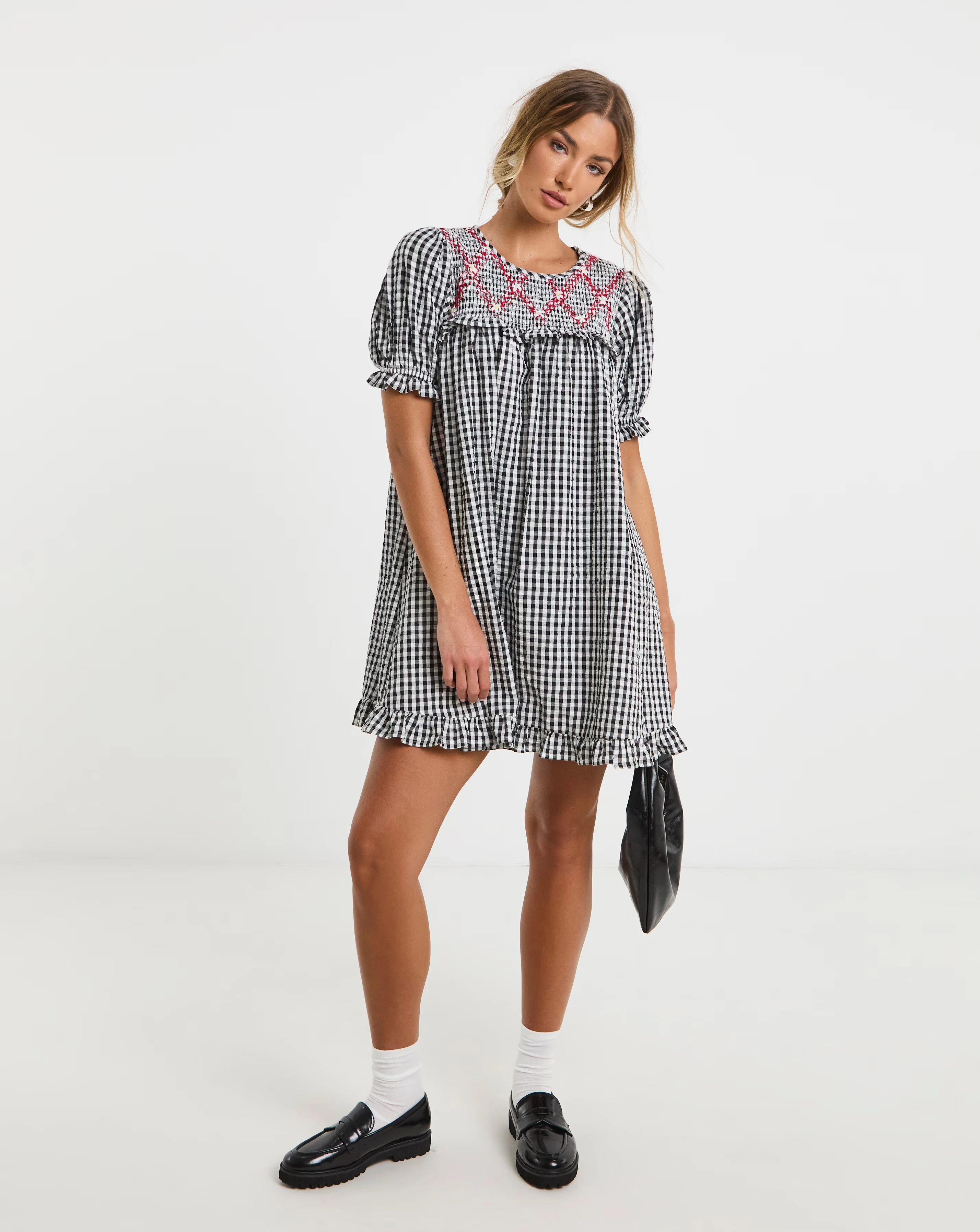 Neon Rose Gingham Smock Mini Dress with Red Contrast Smocking Stitch Detail