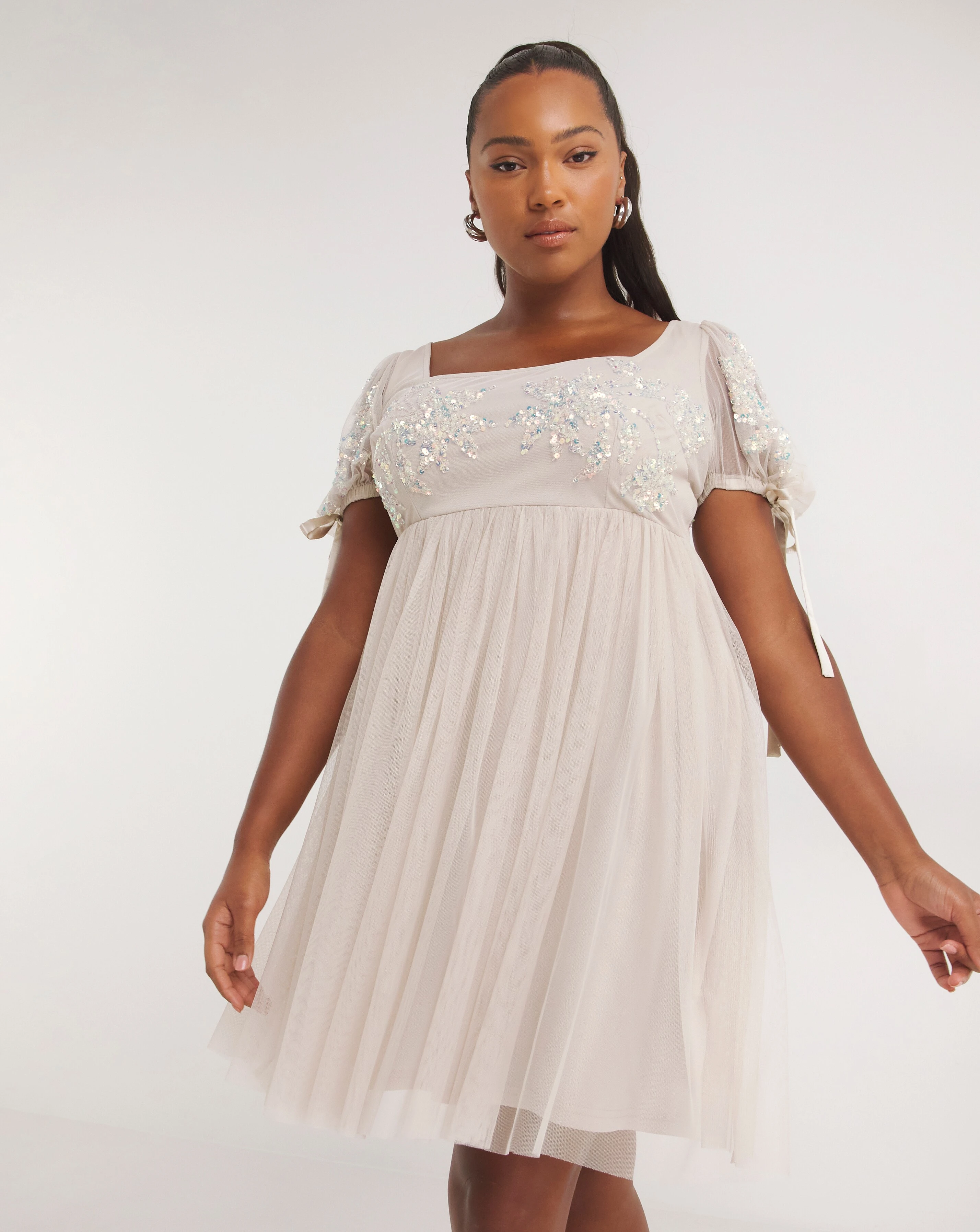Maya Curve Puff Sleeve Glitter Embroidered Tulle Mini Dress