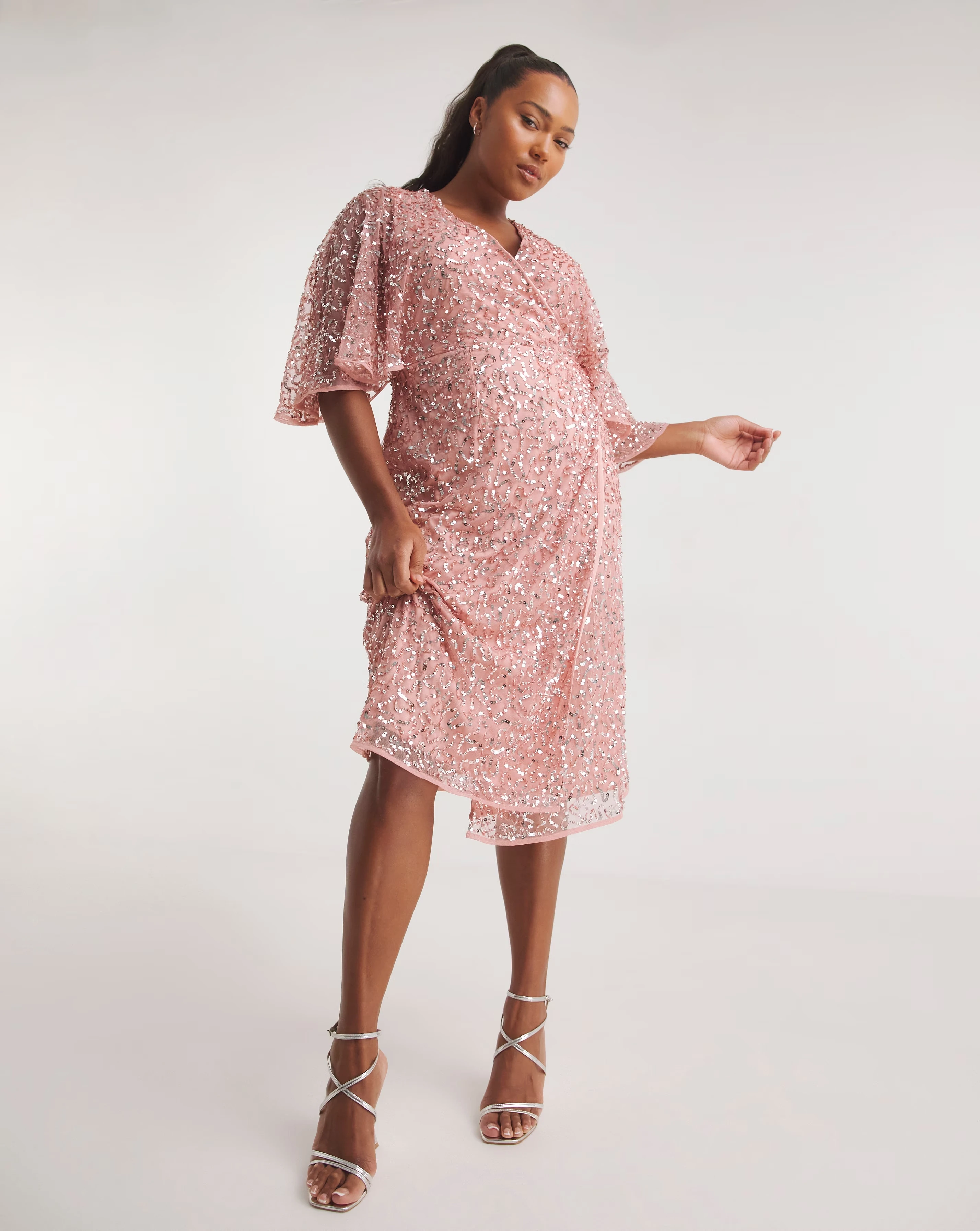 Maya Curve Glitter Embellishment Cape Sleeve Midi Dress