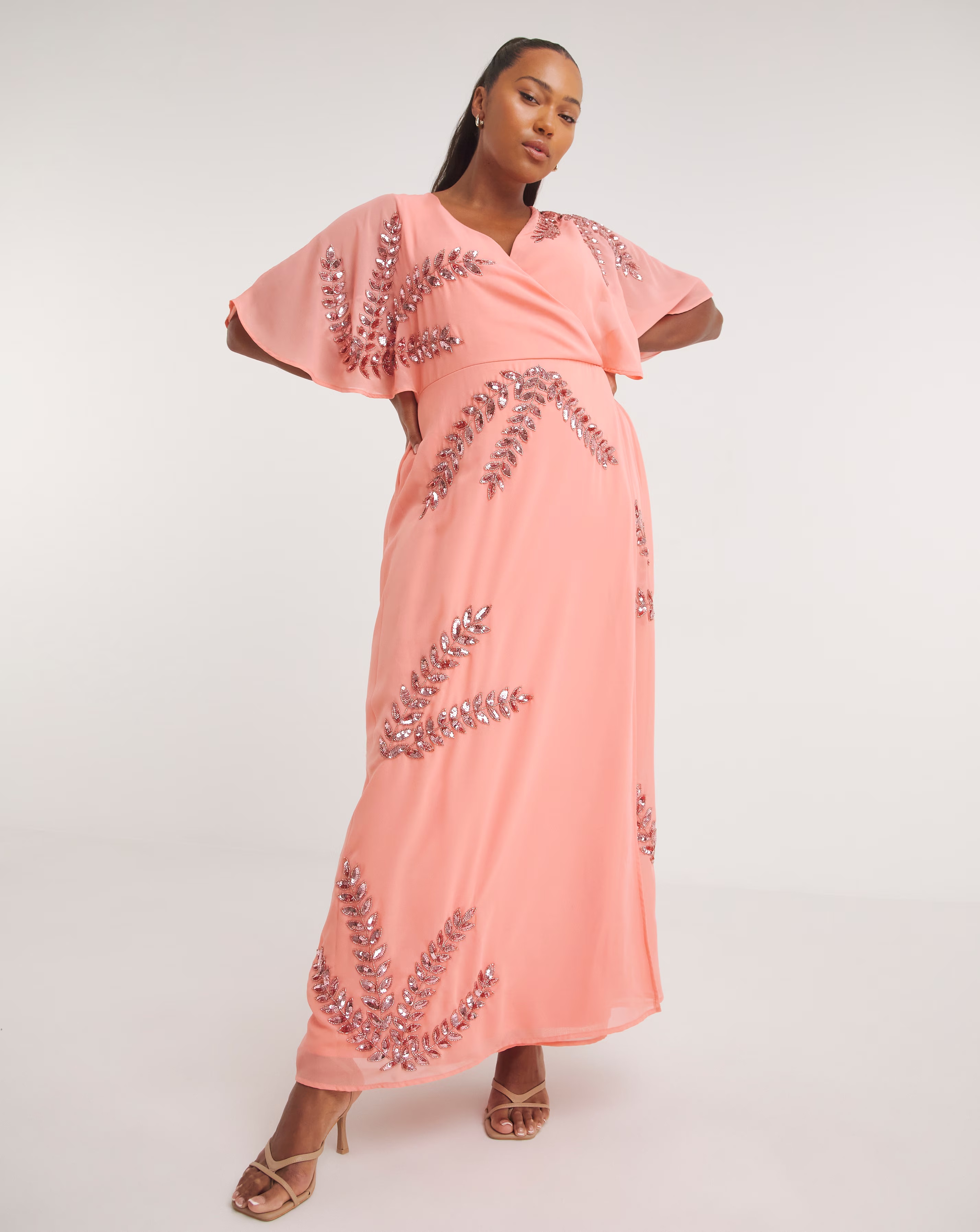 Maya Curve Wrap Front Floral Glitter Embellished Maxi Dress