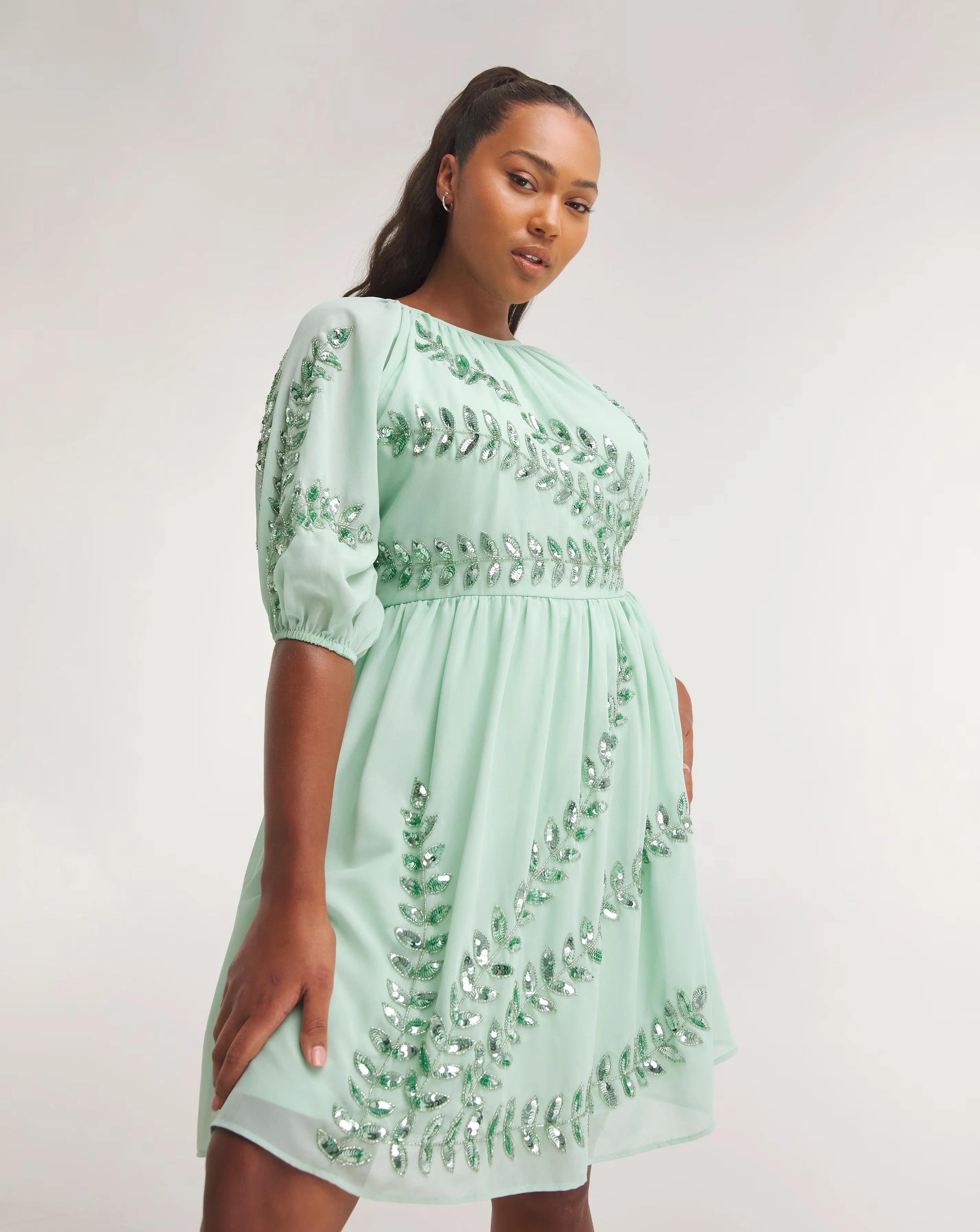 Maya Curve Puff Sleeve Floral Sequin Embroidered Mini Dress