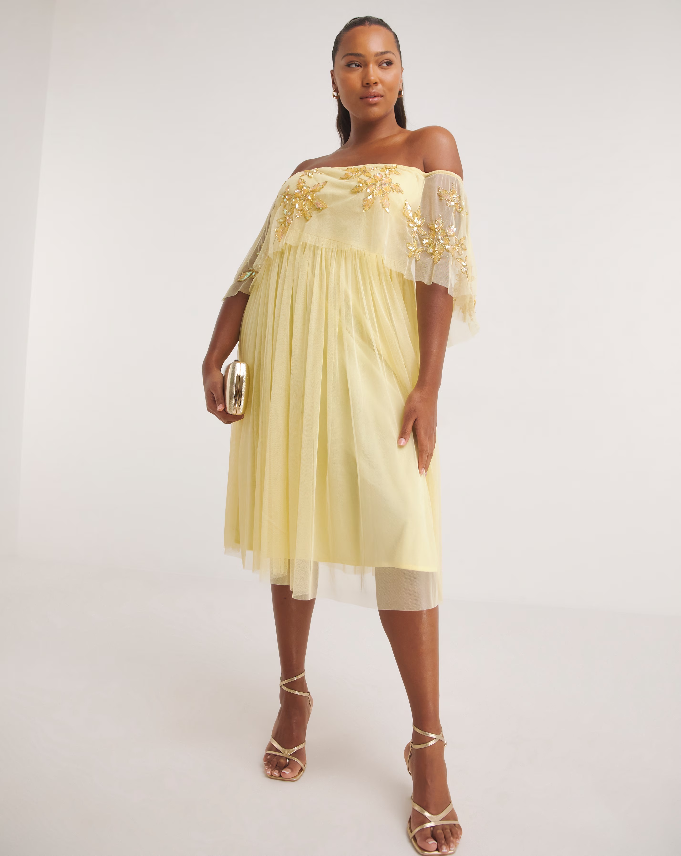 Maya Curve Bardot Floral Sequin Embroidered Tulle Midi Dress