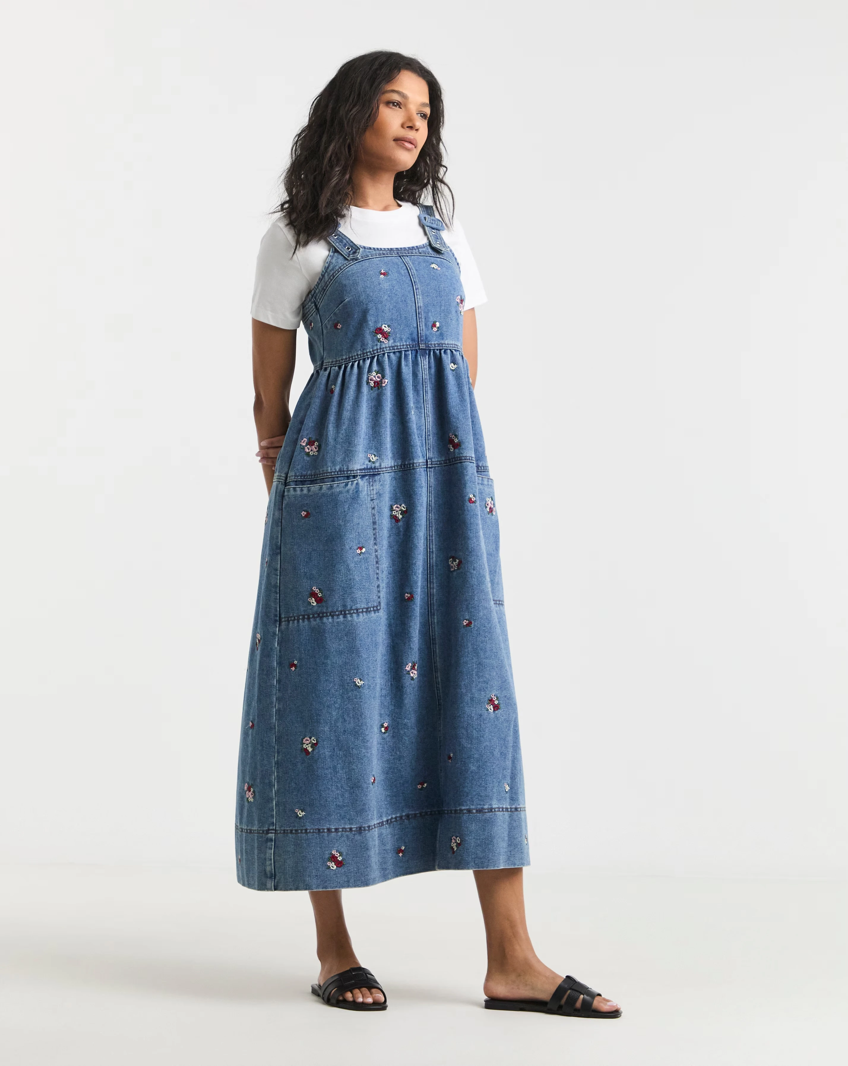 Simply Be Mid Blue Floral Embroidered Denim Apron Dress