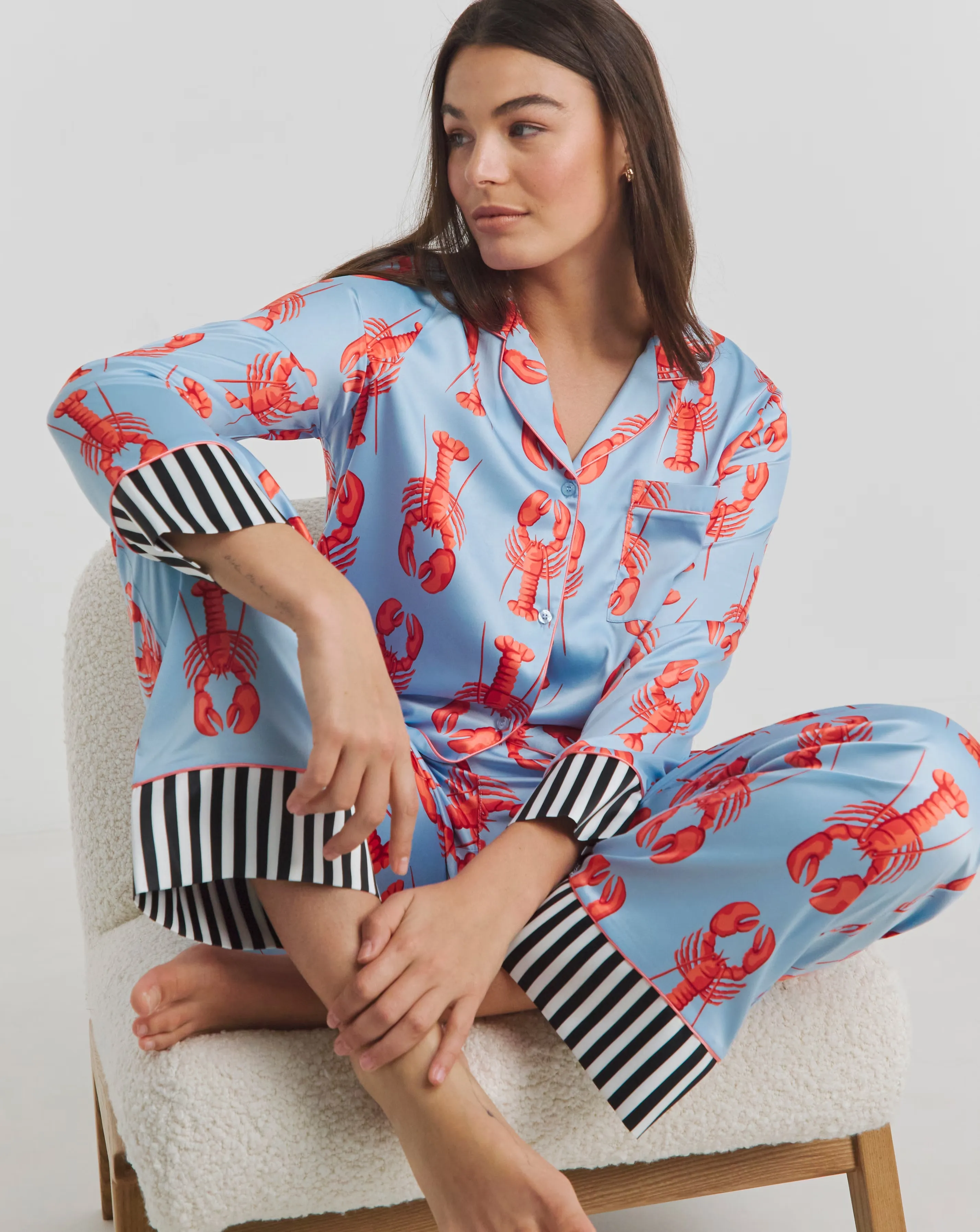 Chelsea Peers Woven Satin Lobster Stripe Pyjama Set