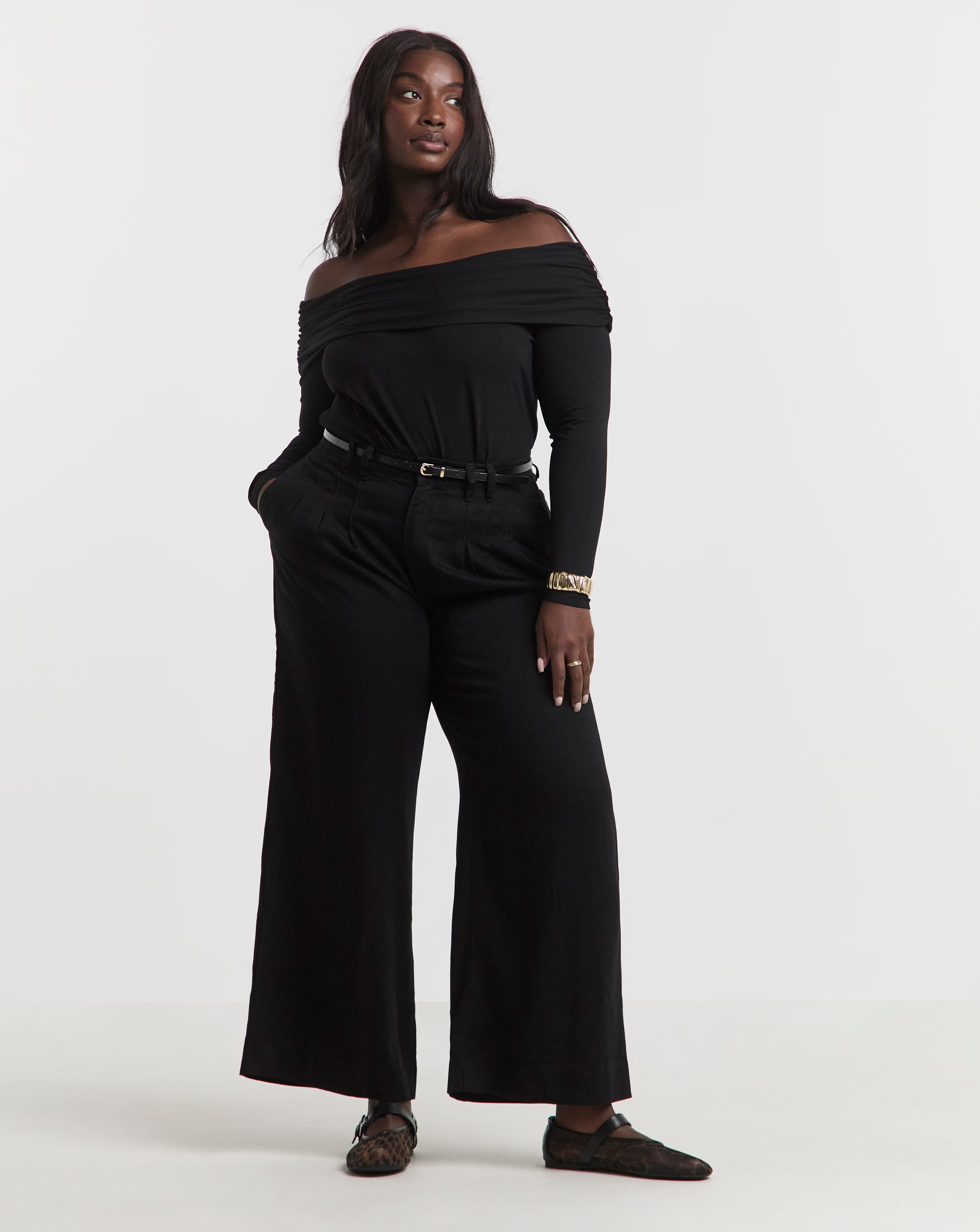 Simply Be Black Lyocell Pleat Detail Wide Leg Jeans