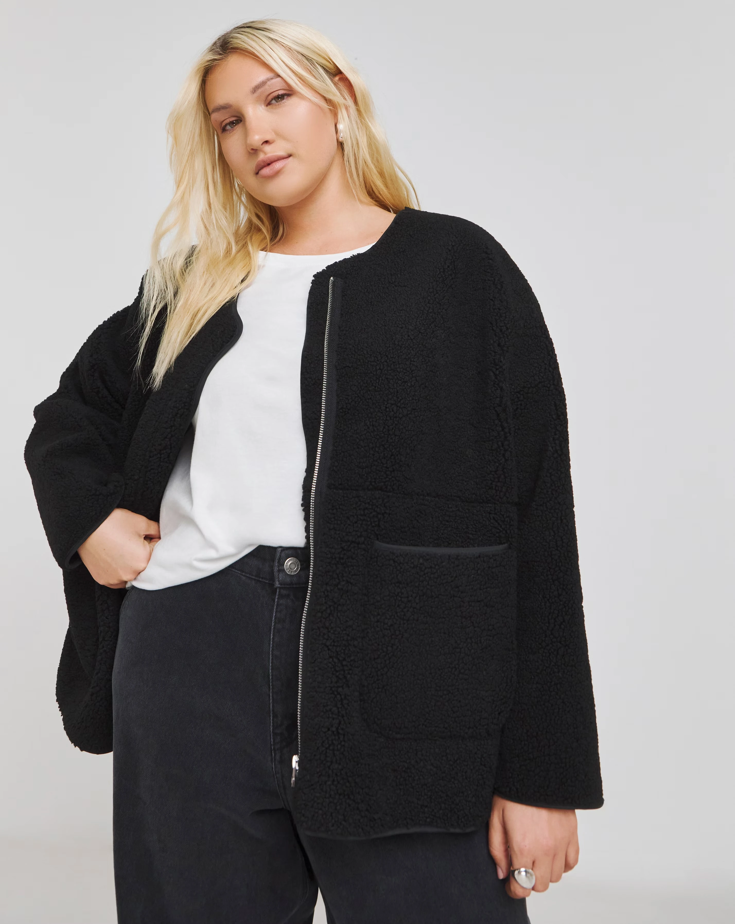 Black Round Neck Zip Through Borg Jacket