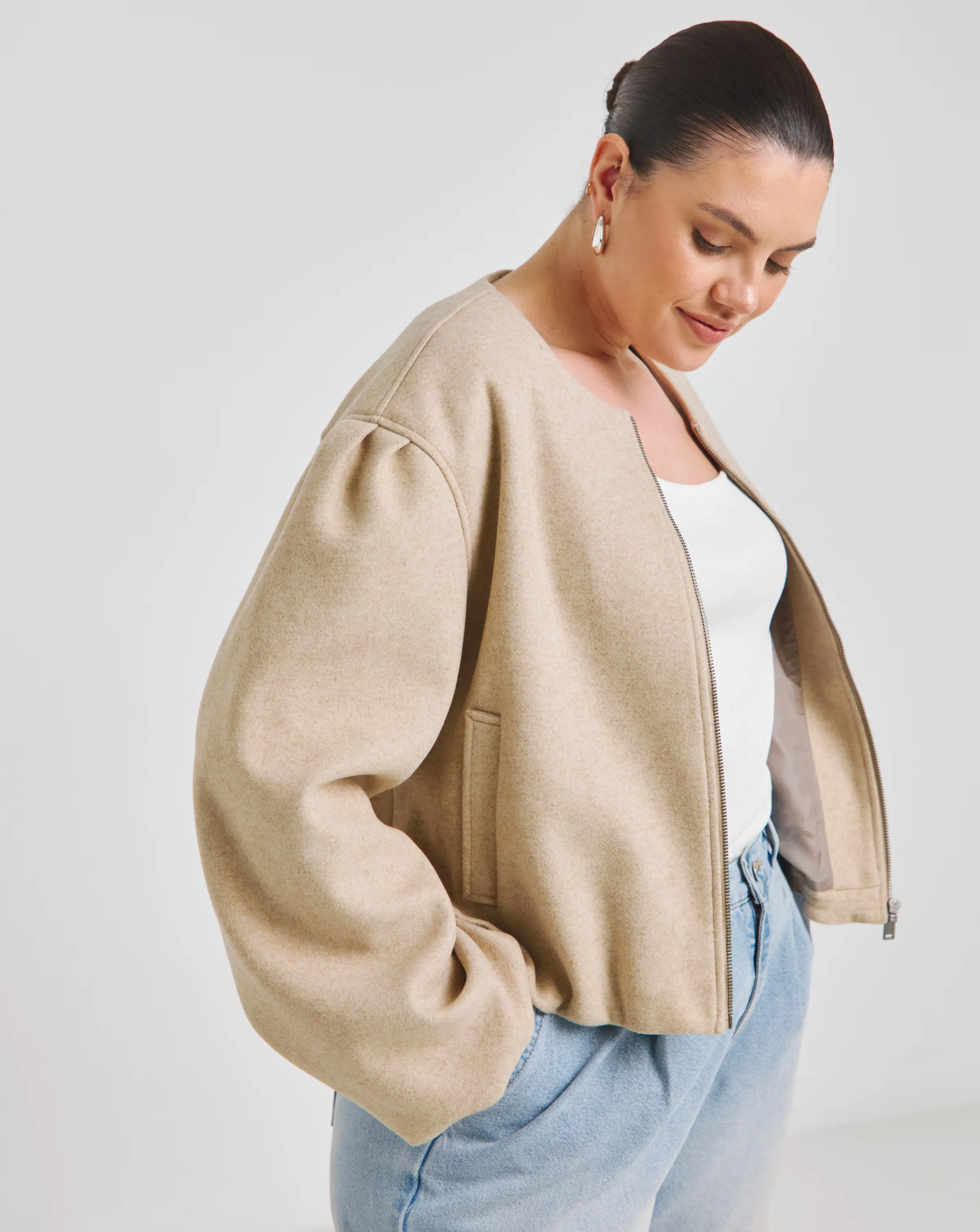 Simply Be Neutral Bubble Hem Round Collar Jacket