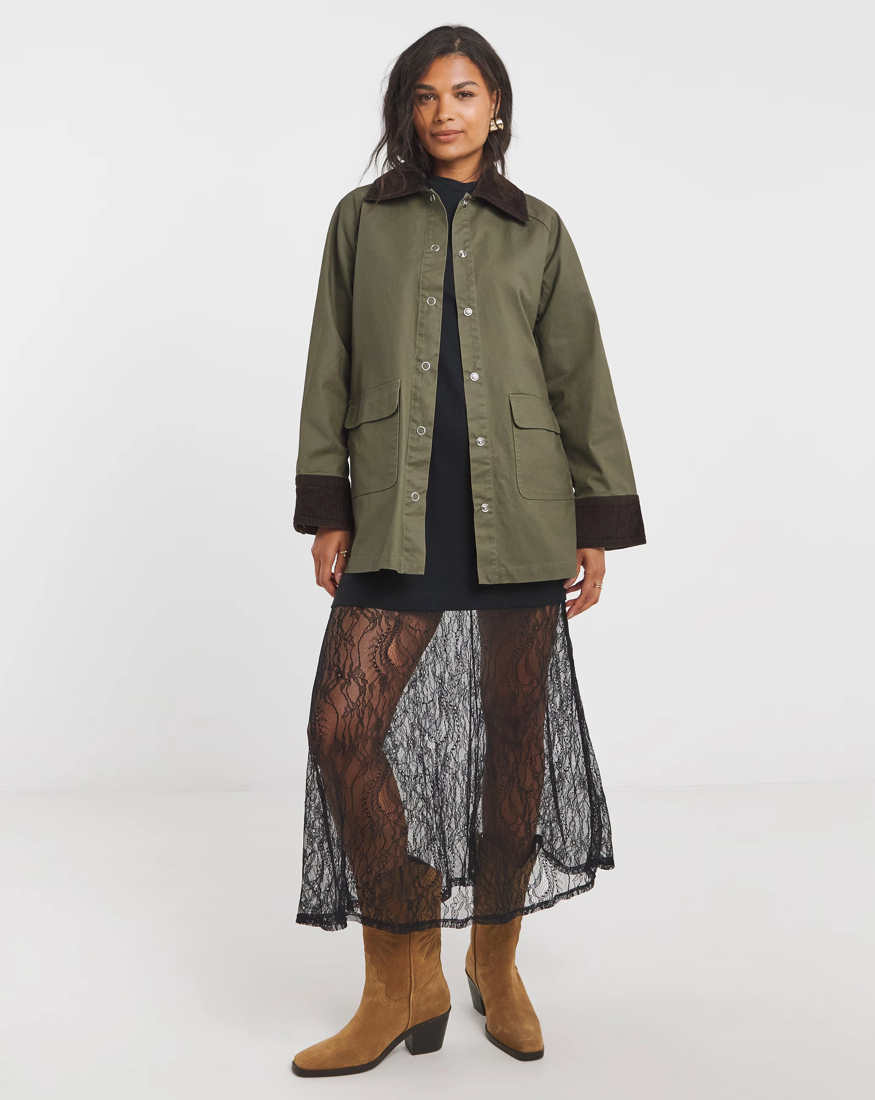Simply Be Khaki Cord Collar Waxed Barn Jacket