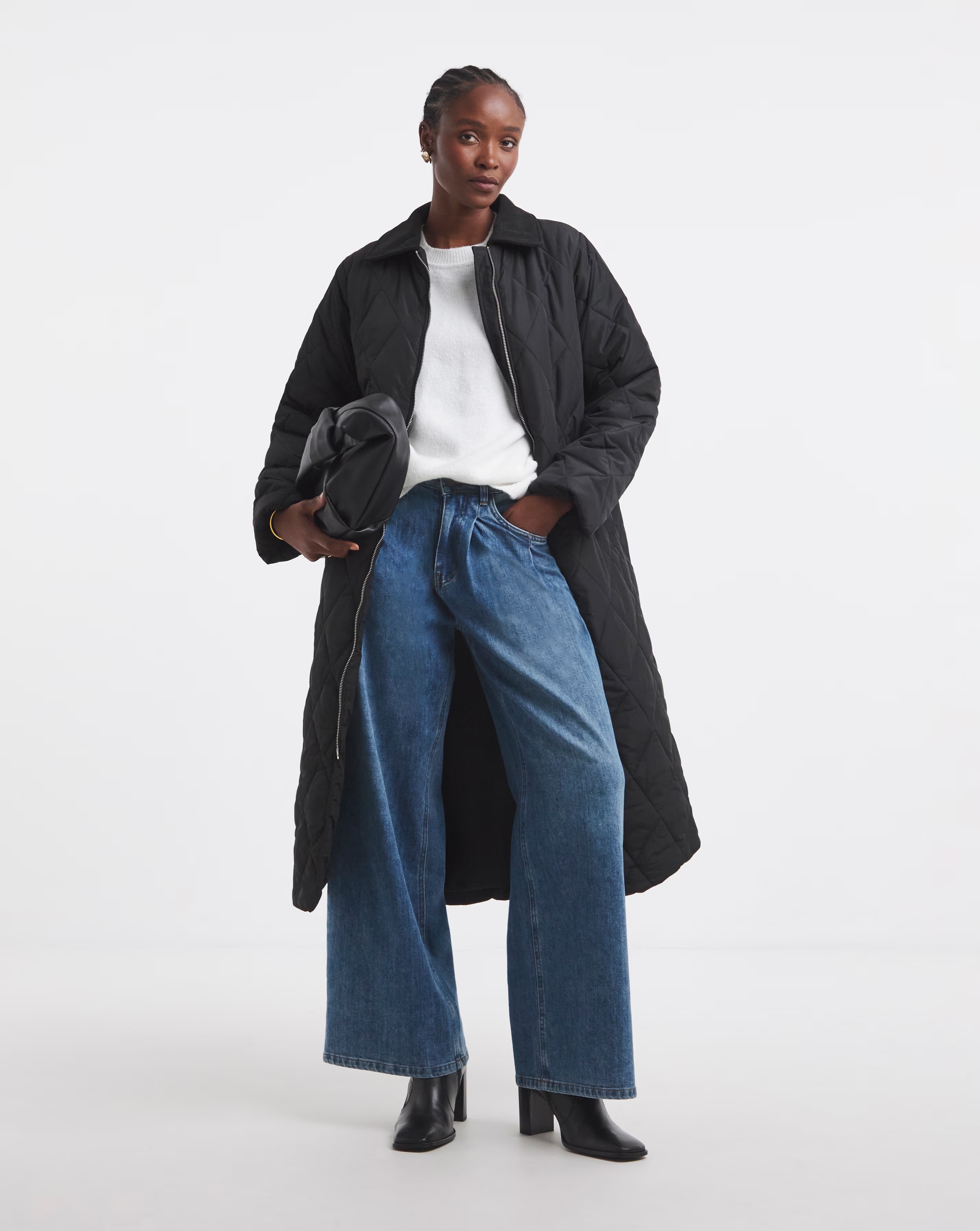 Black Cord Collar Quilted Longline Coat