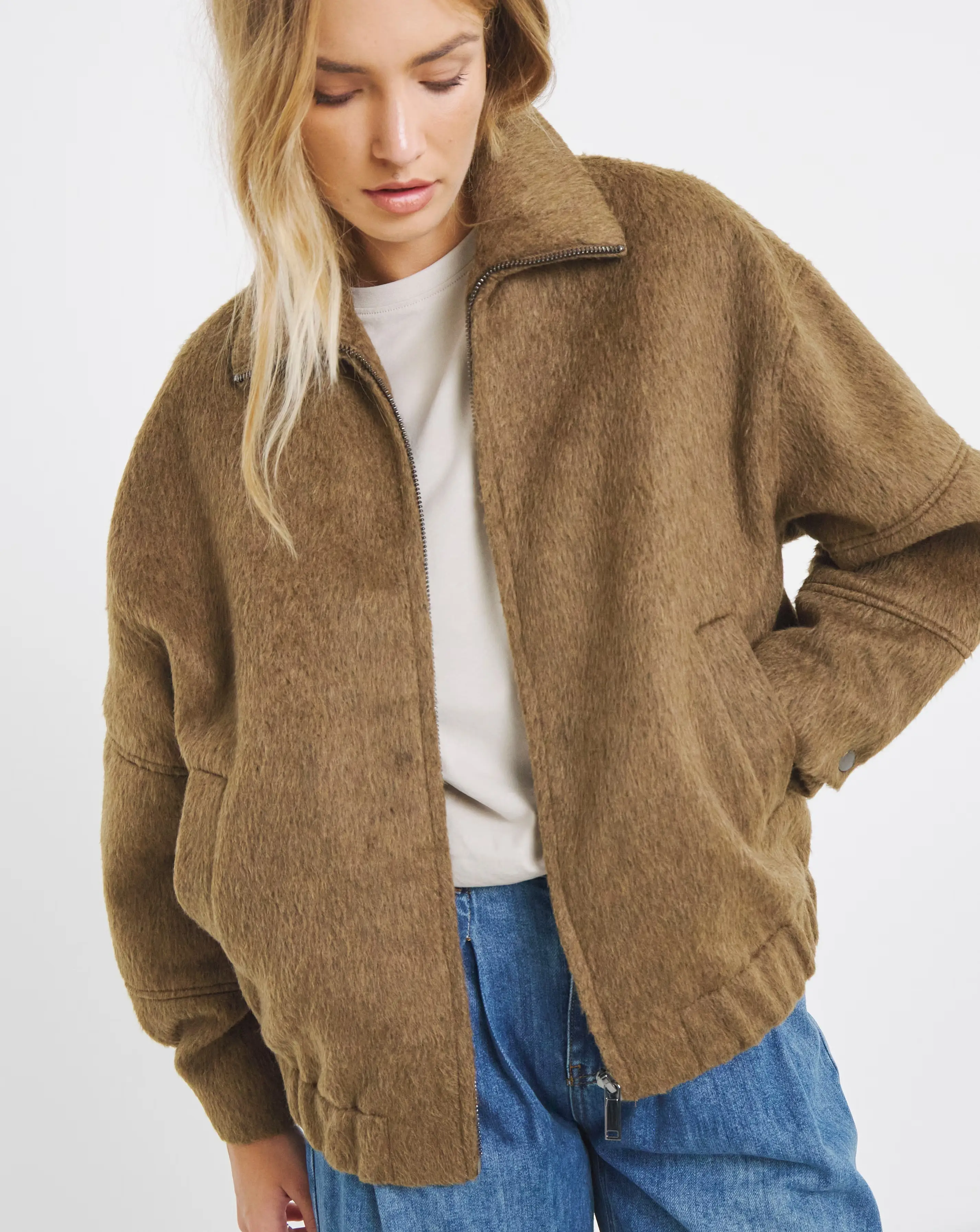 Simply Be Neutral Seamed Detail Faux Wool Bomber