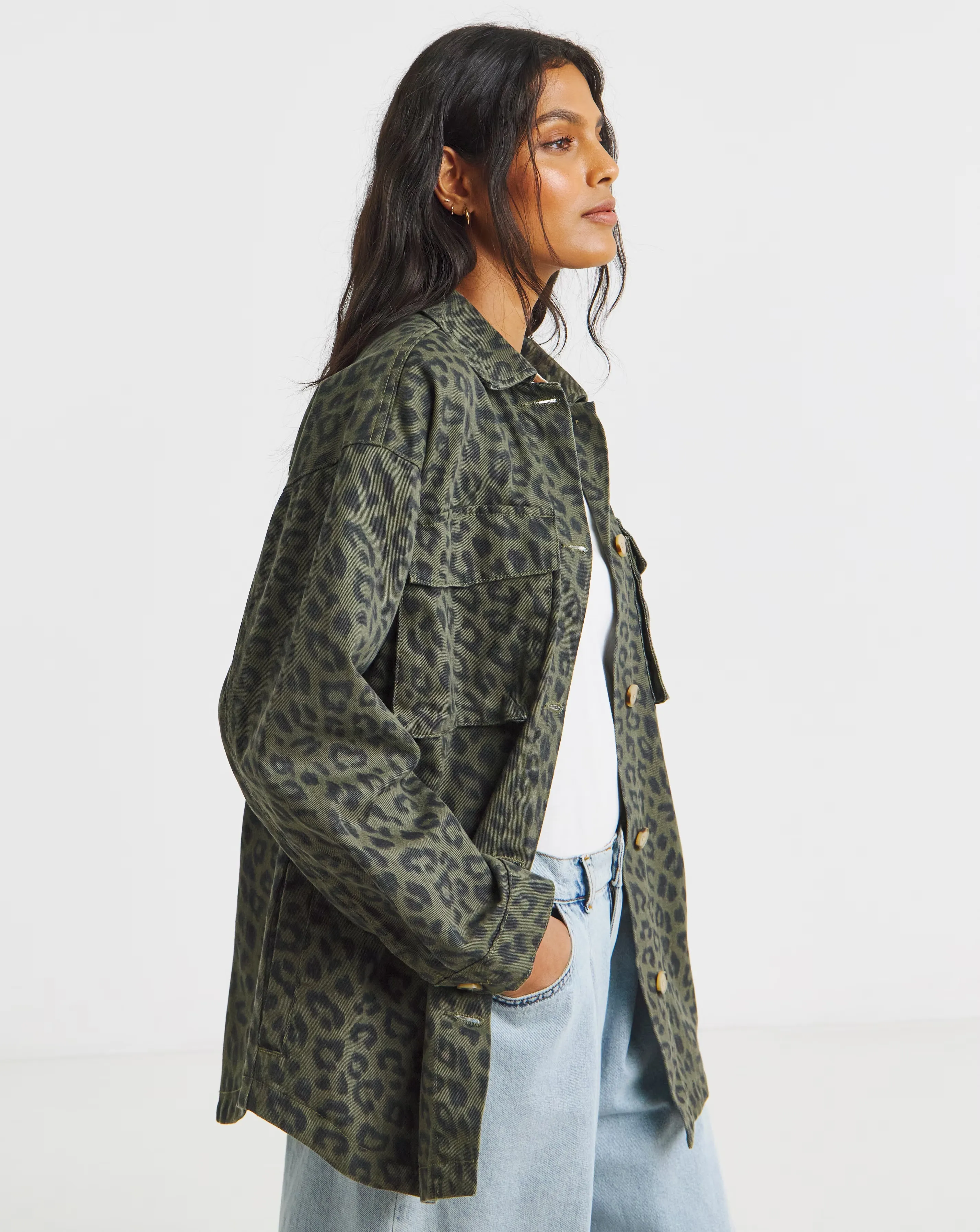 Olive Leopard  Print Utility Shacket