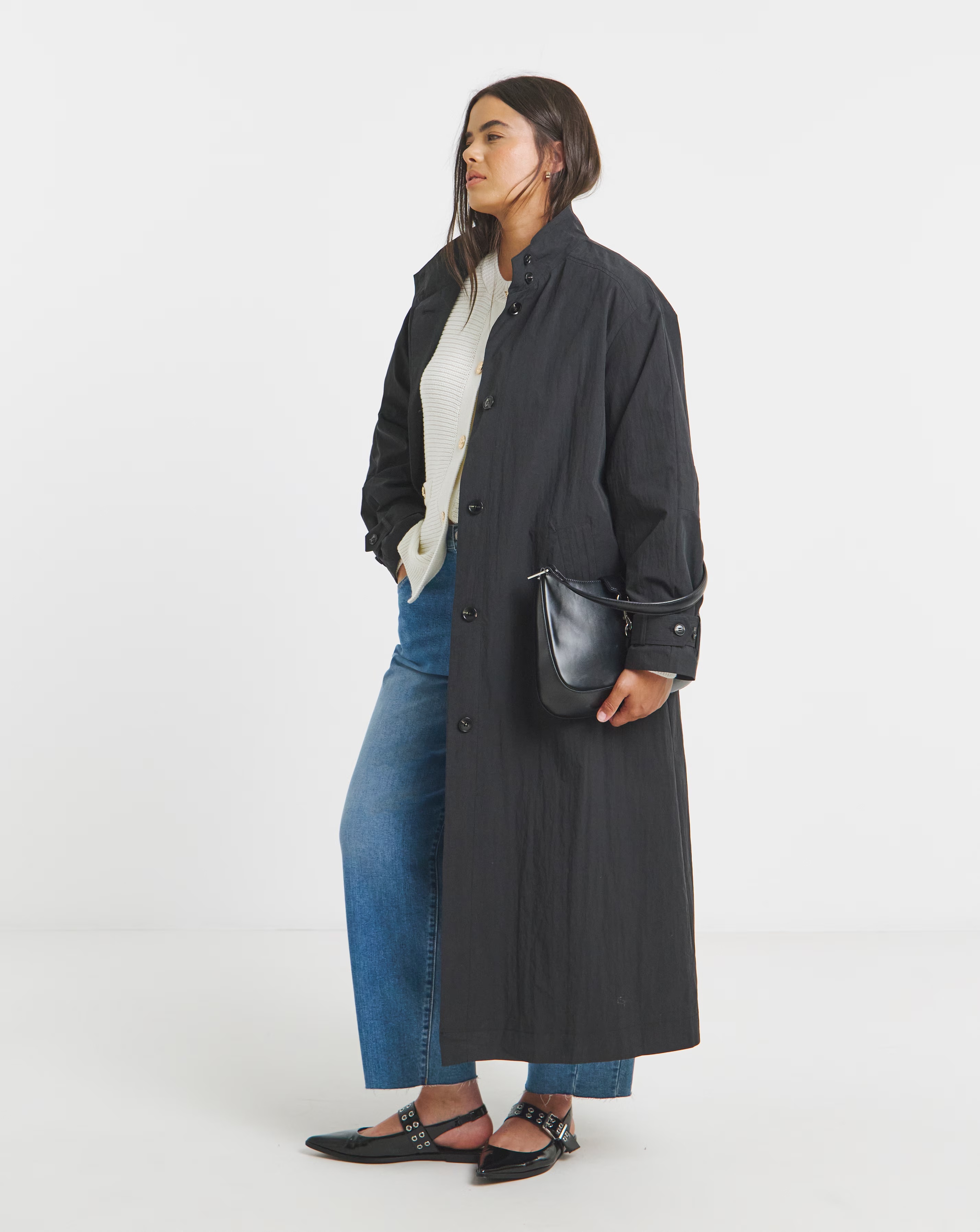 Black Funnel Neck Longline Tech Parka