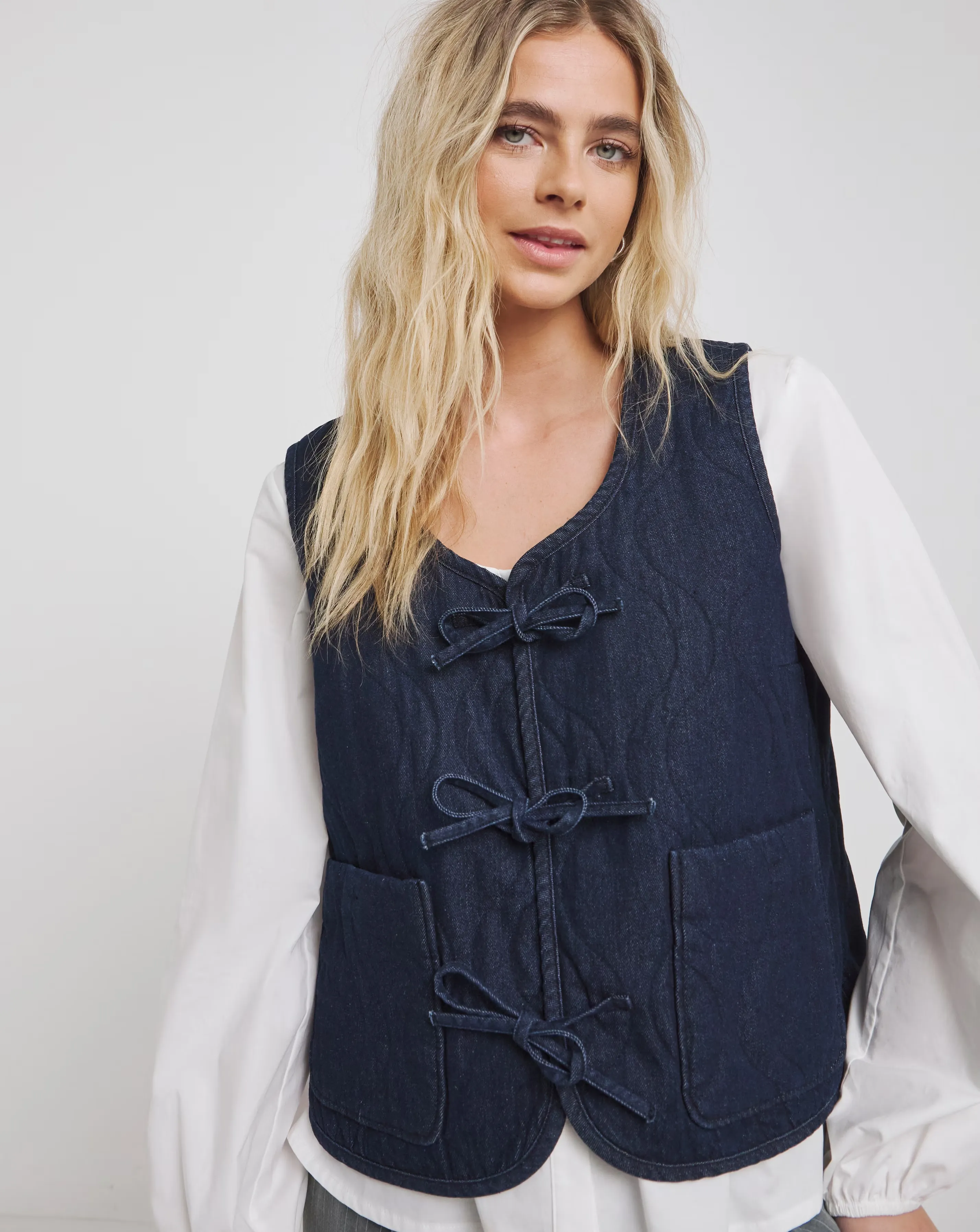 Simply Be Indigo Tie Front Quilted Denim Gilet
