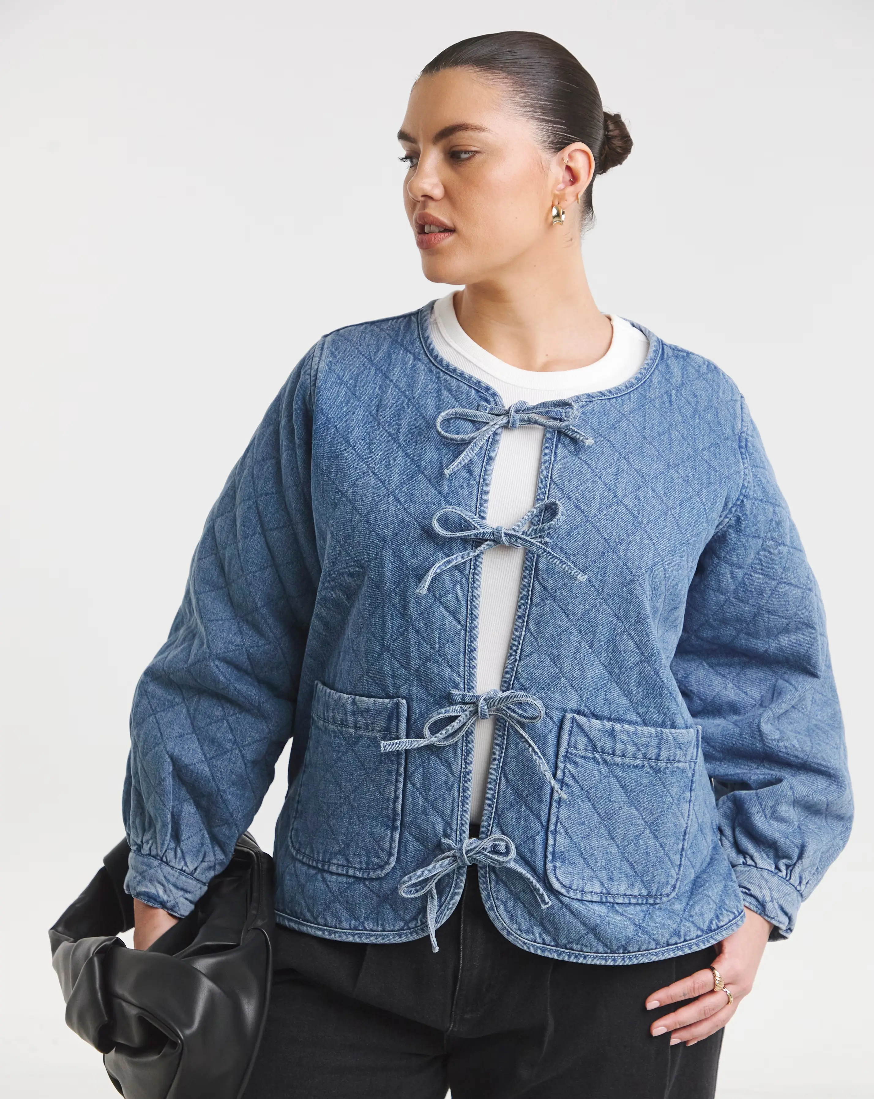 Simply Be Mid Blue Quilted Tie Front Denim Jacket