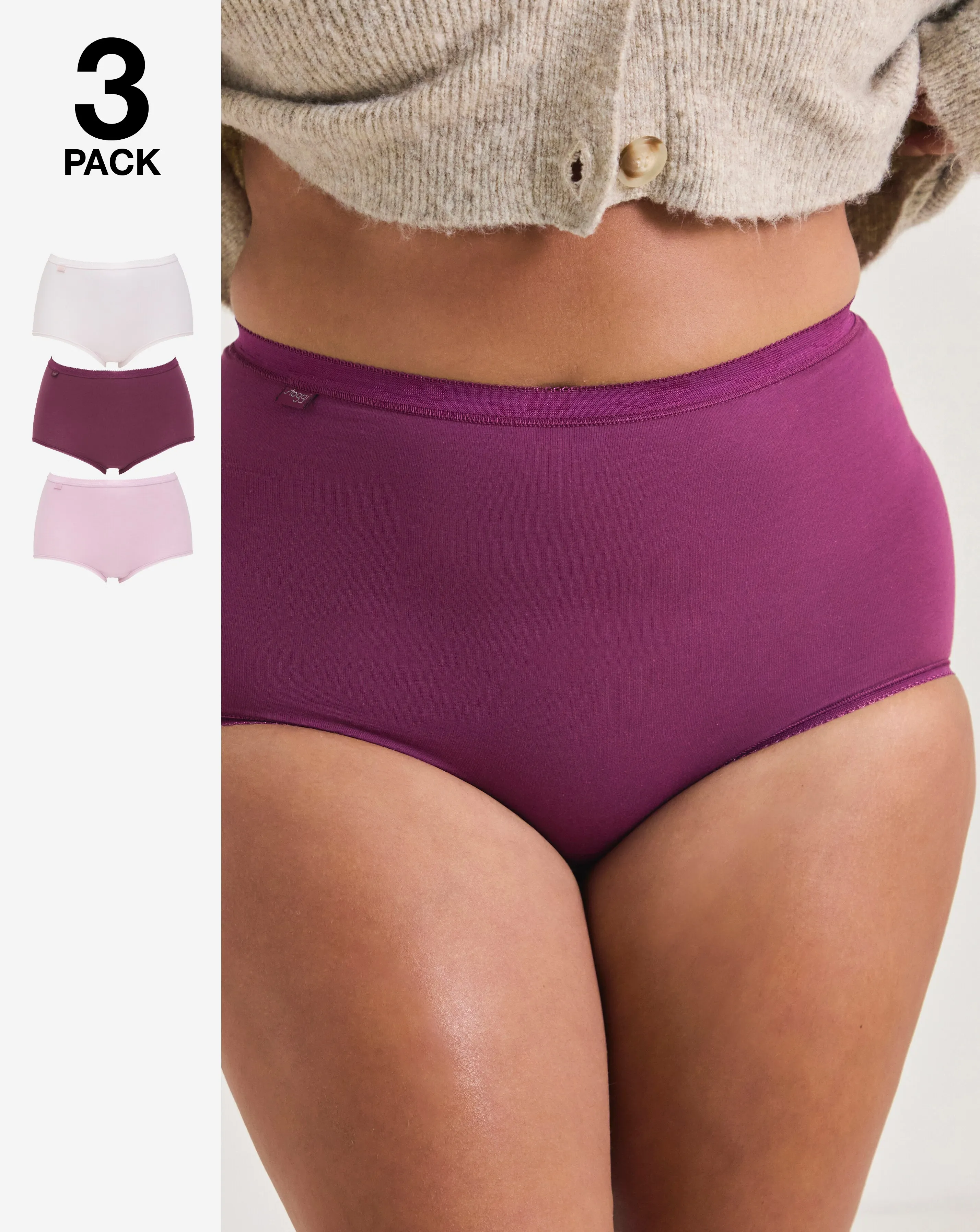 Sloggi 3Pack Basic Maxi Knicker, Pale Pink, Mid Pink & Plum