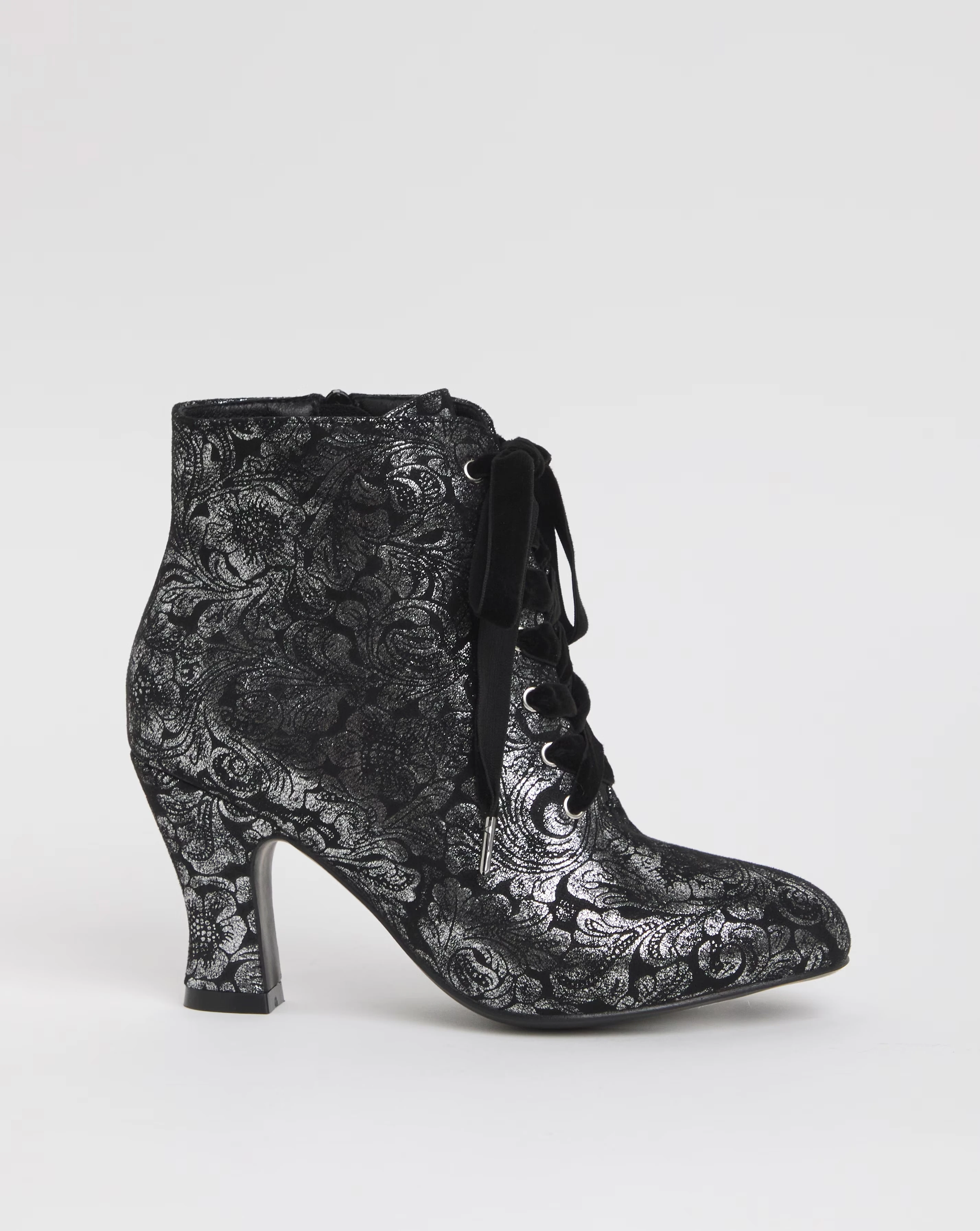 Joe Browns Black Velvet Printed Lace Up Bootie -Extra Wide Fit (EEE)