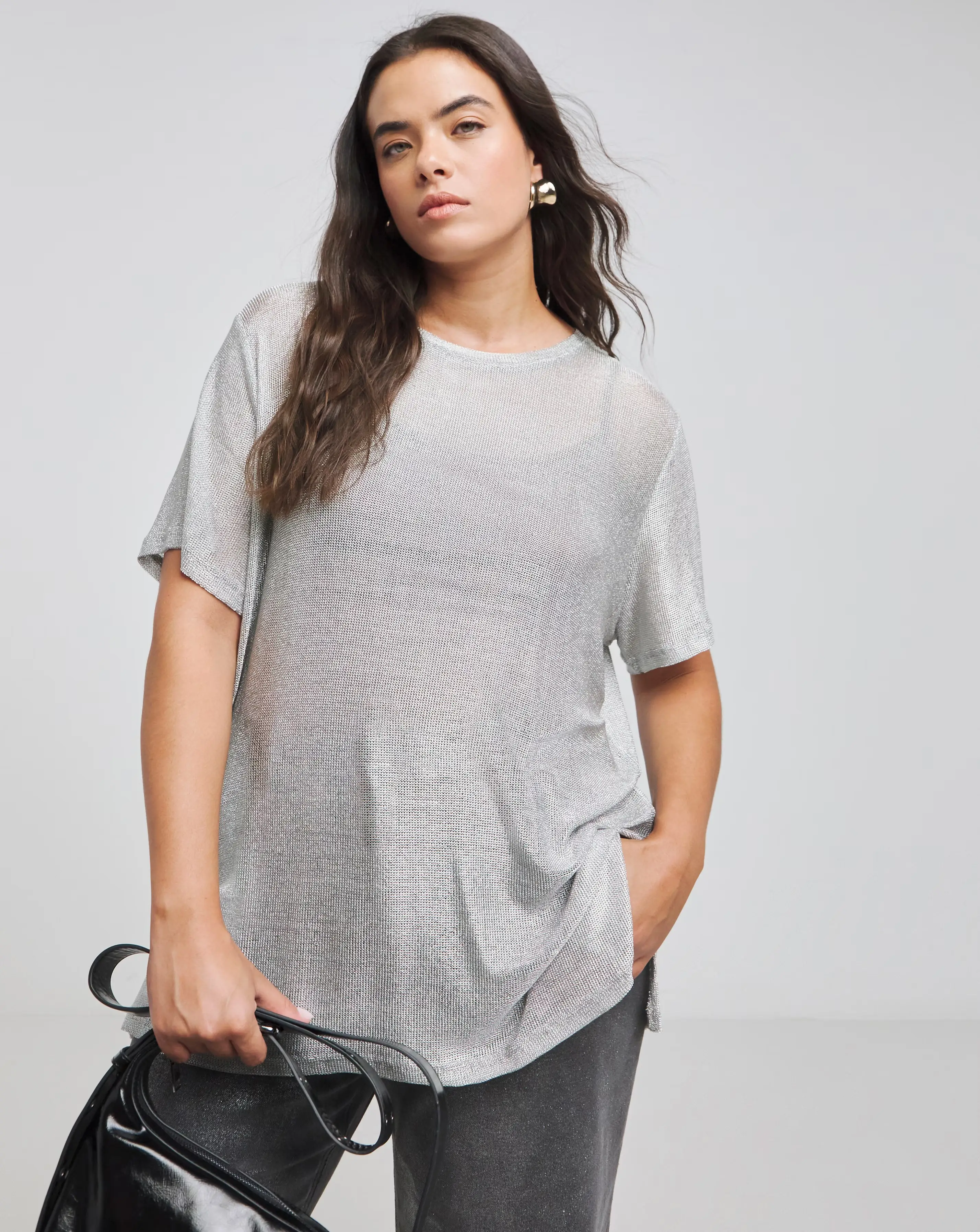 Silver Metallic Longline Side Split T-Shirt