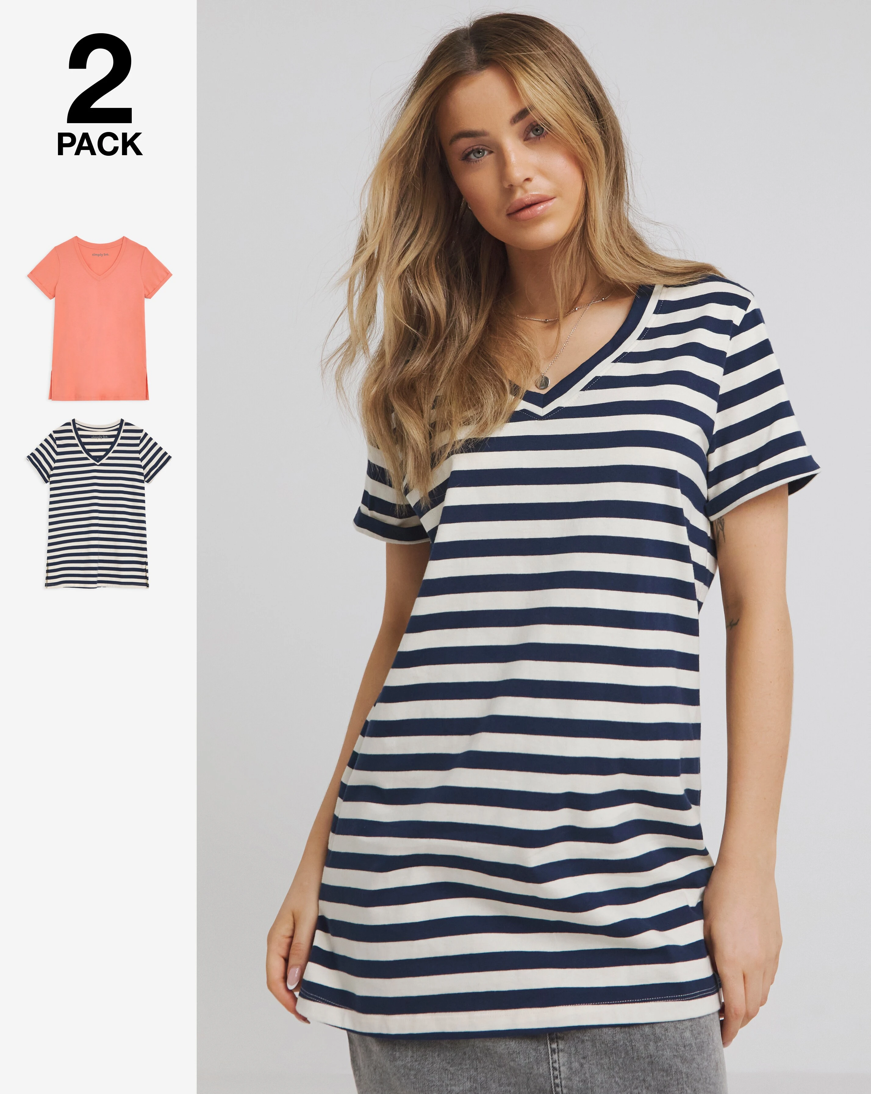 Navy Stripe and Blush 2 Pack V Neck Lognline T-Shirt