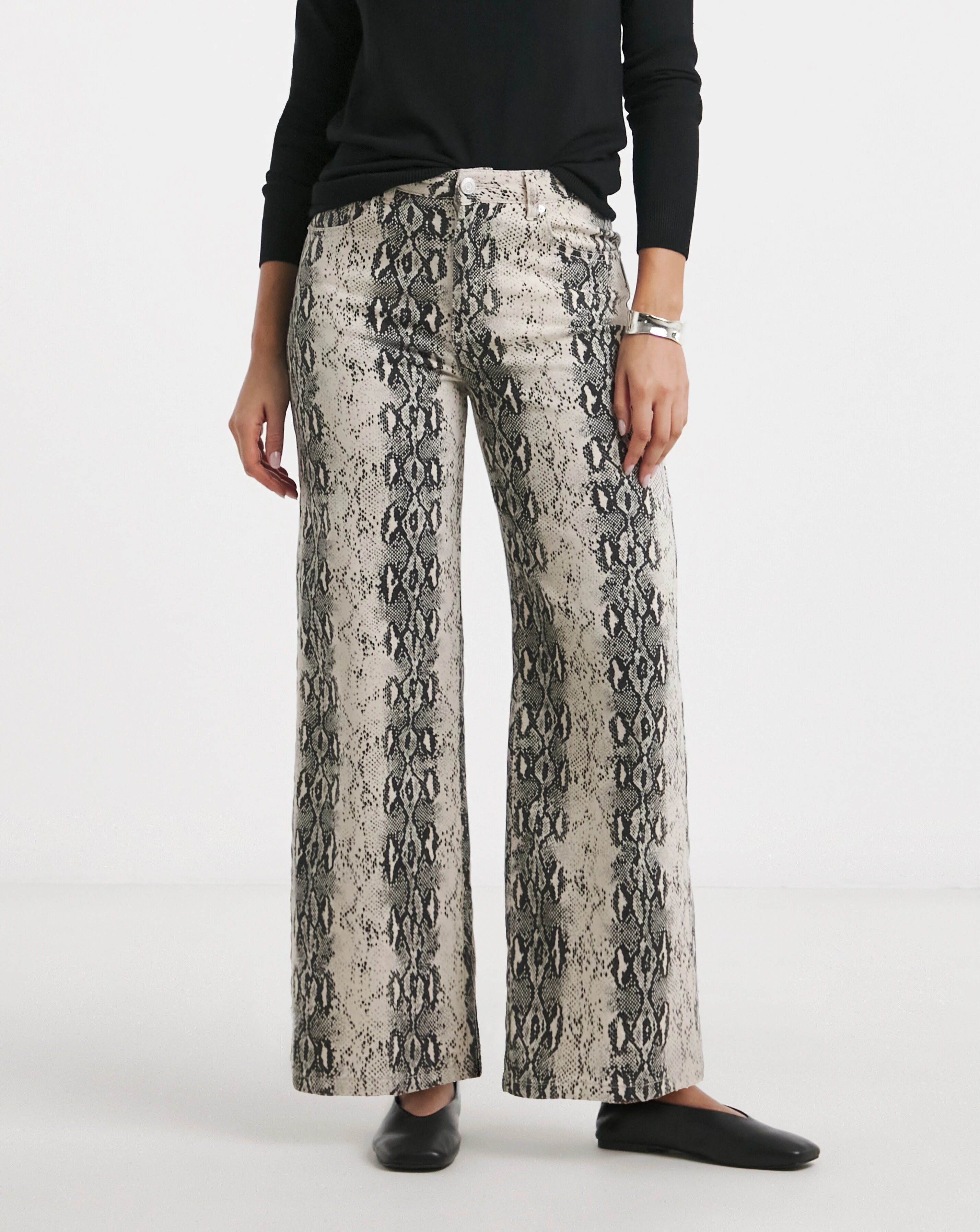 Black Snake Print Wide Leg Jeans