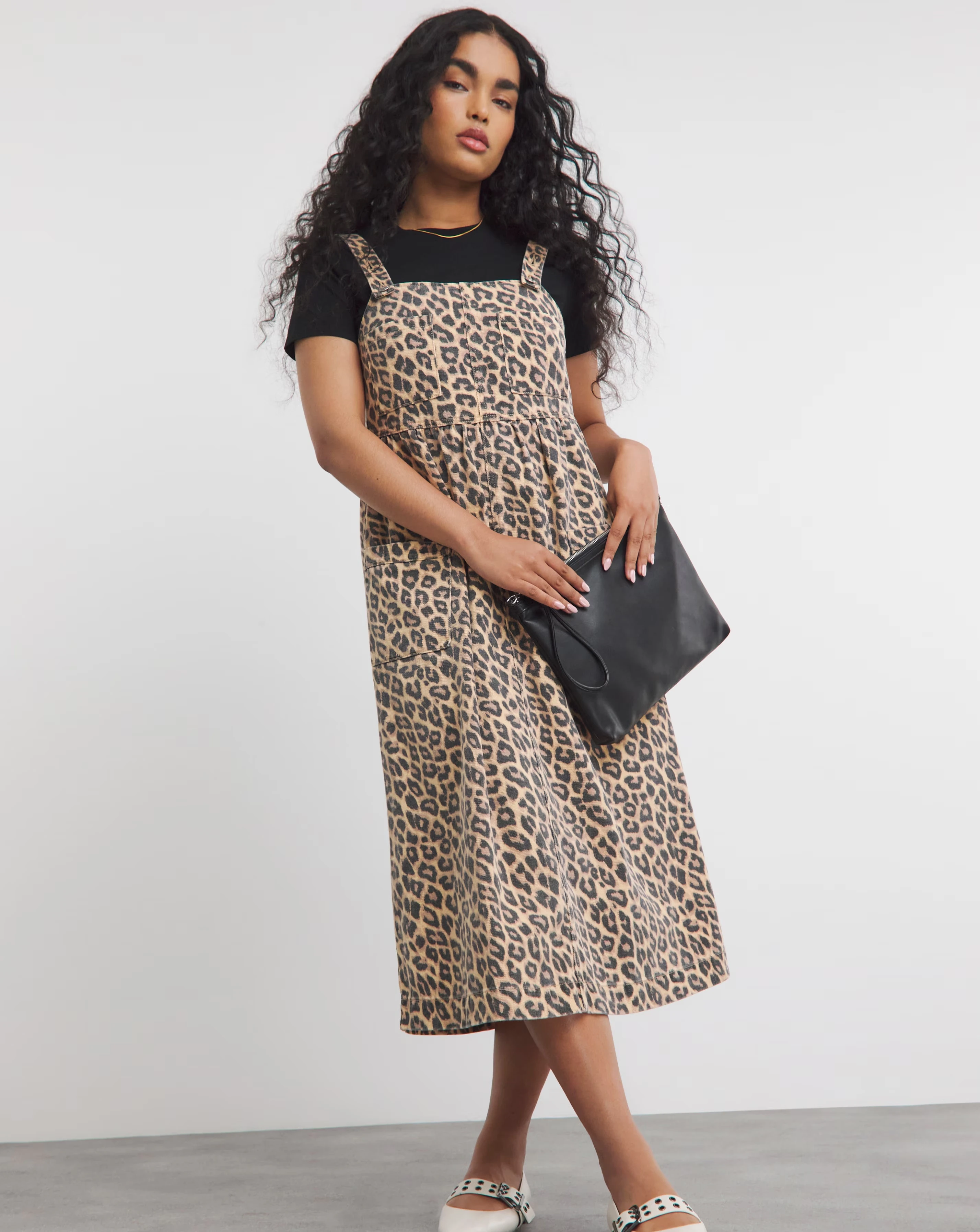 Leopard Print Midaxi Denim Pinafore Dress