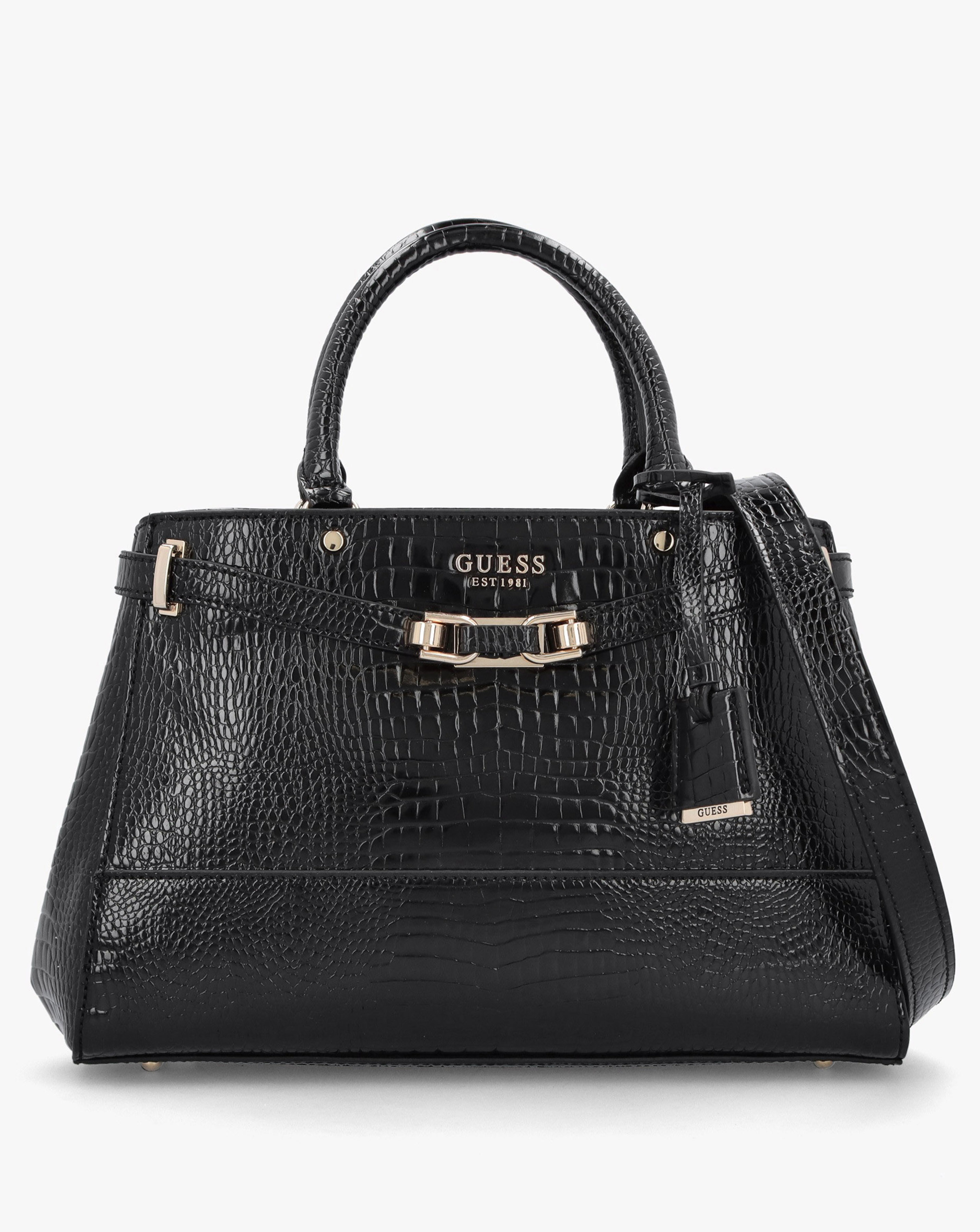 Guess Silvye Luxury Black Moc Croc Satchel Bag