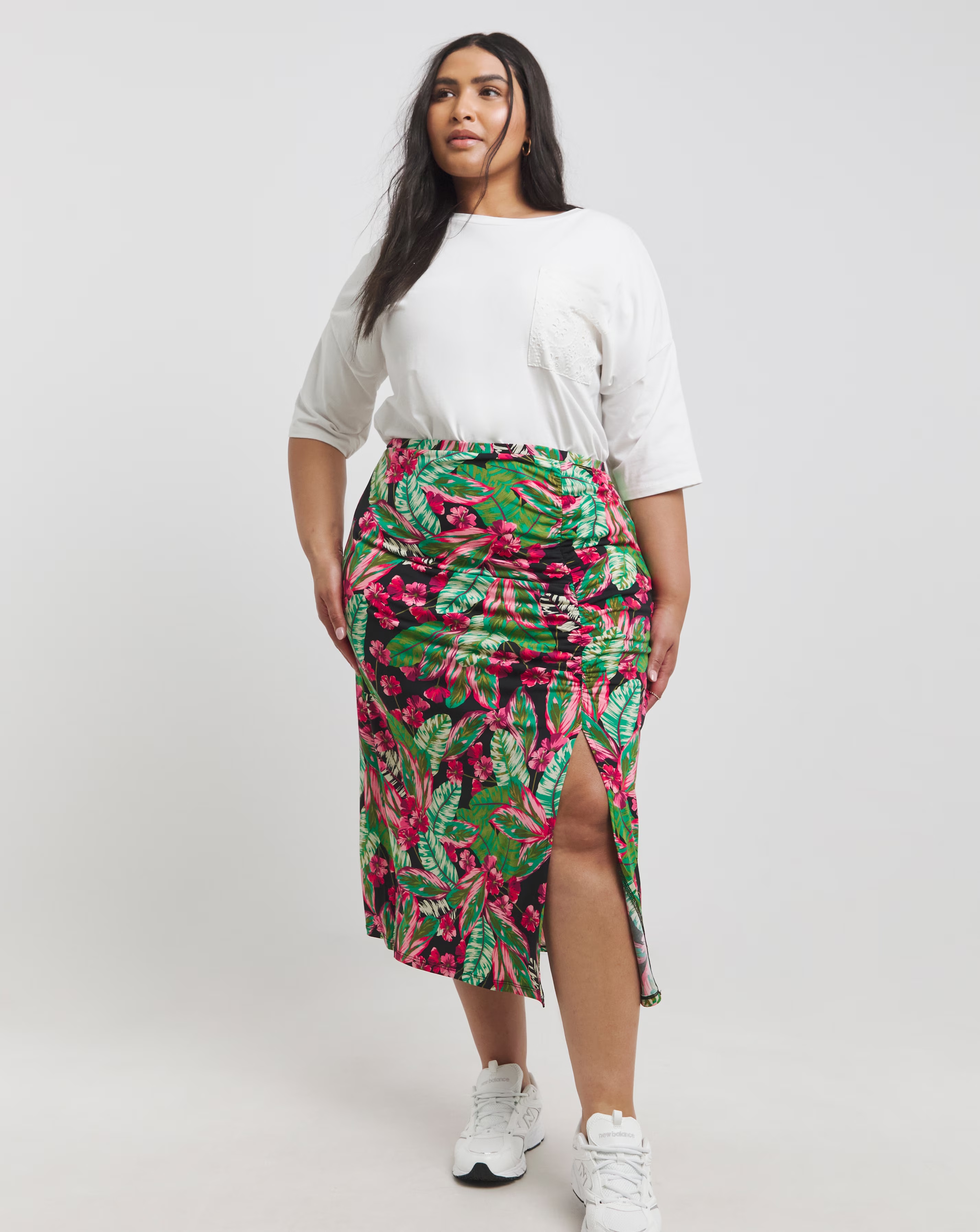 Tropical Print Ruched Detail Jersey Midi Skirt