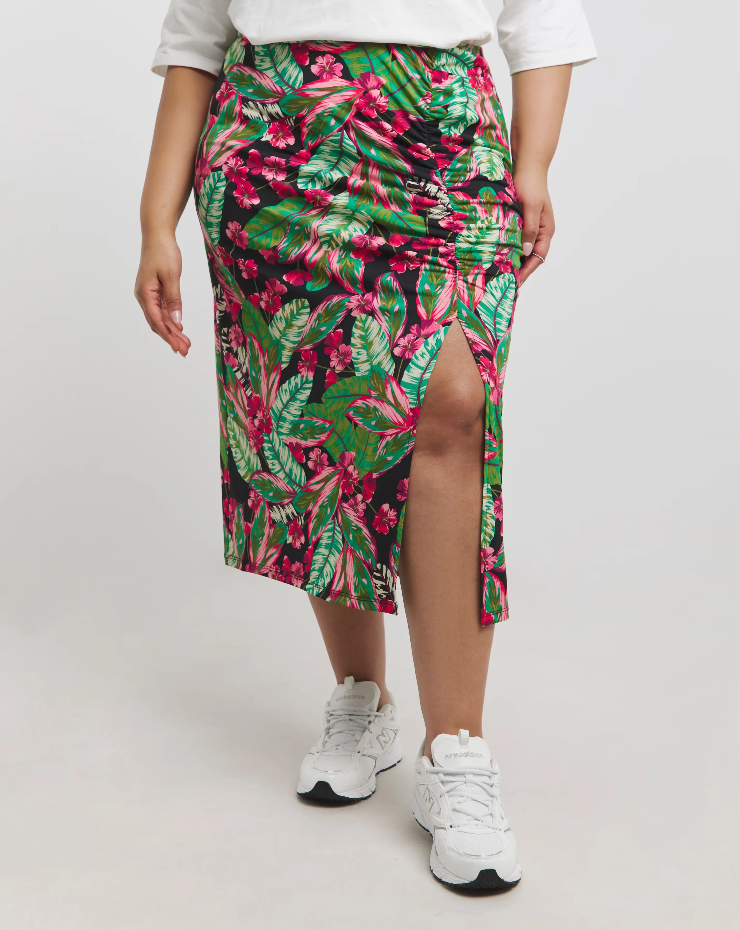Tropical Print Ruched Detail Jersey Midi Skirt