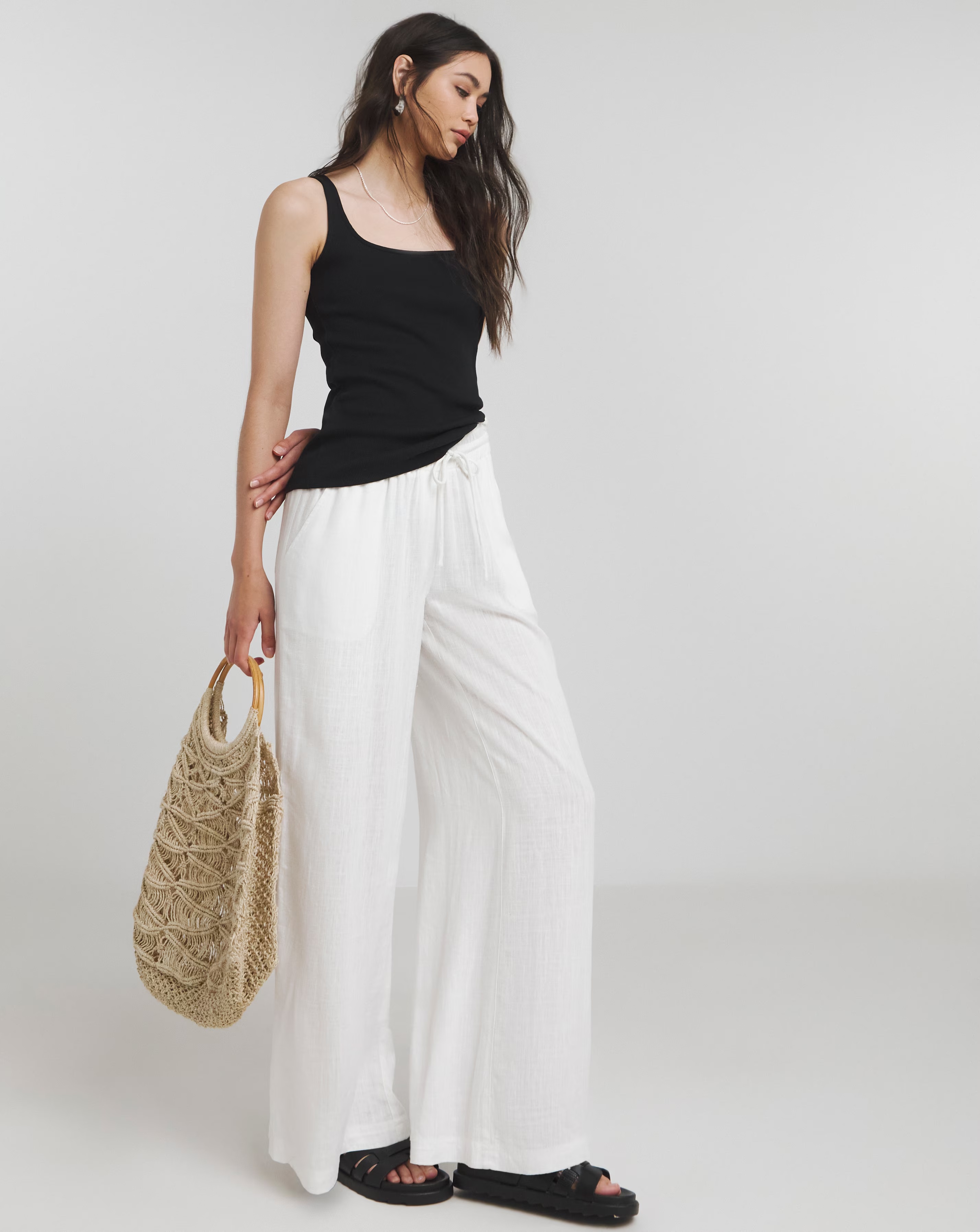 Simply Be White Tie Waist Wide Leg Linen Trousers