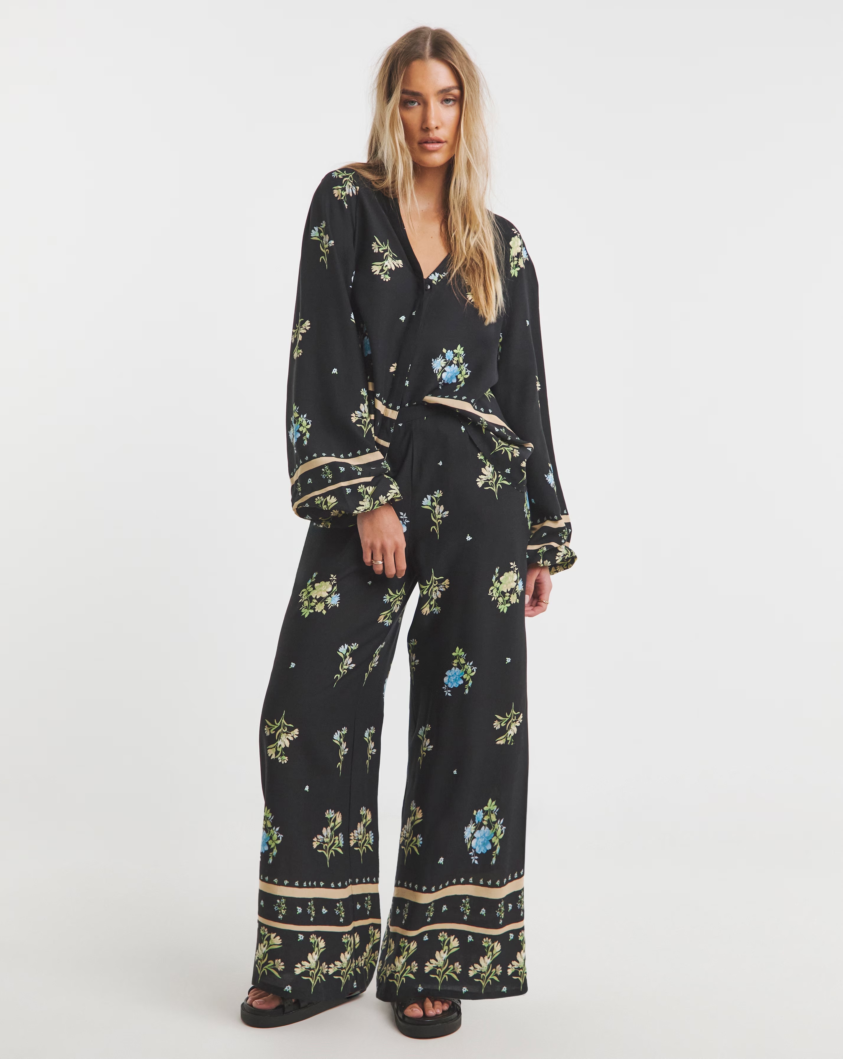 Simply Be Black Floral Border Print Wide Leg Trousers