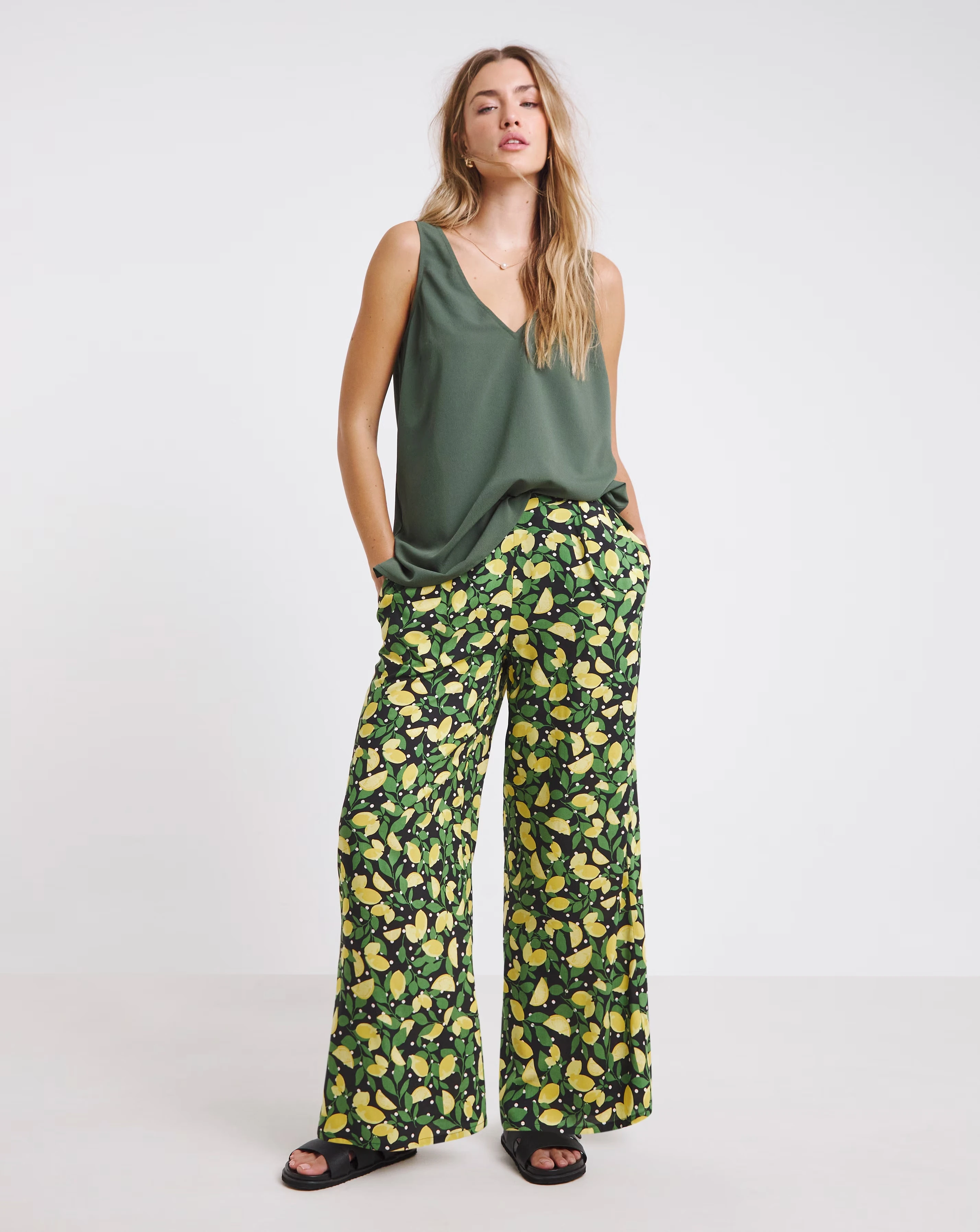 Simply Be Lemon Print Spun Viscose Wide Leg Trousers