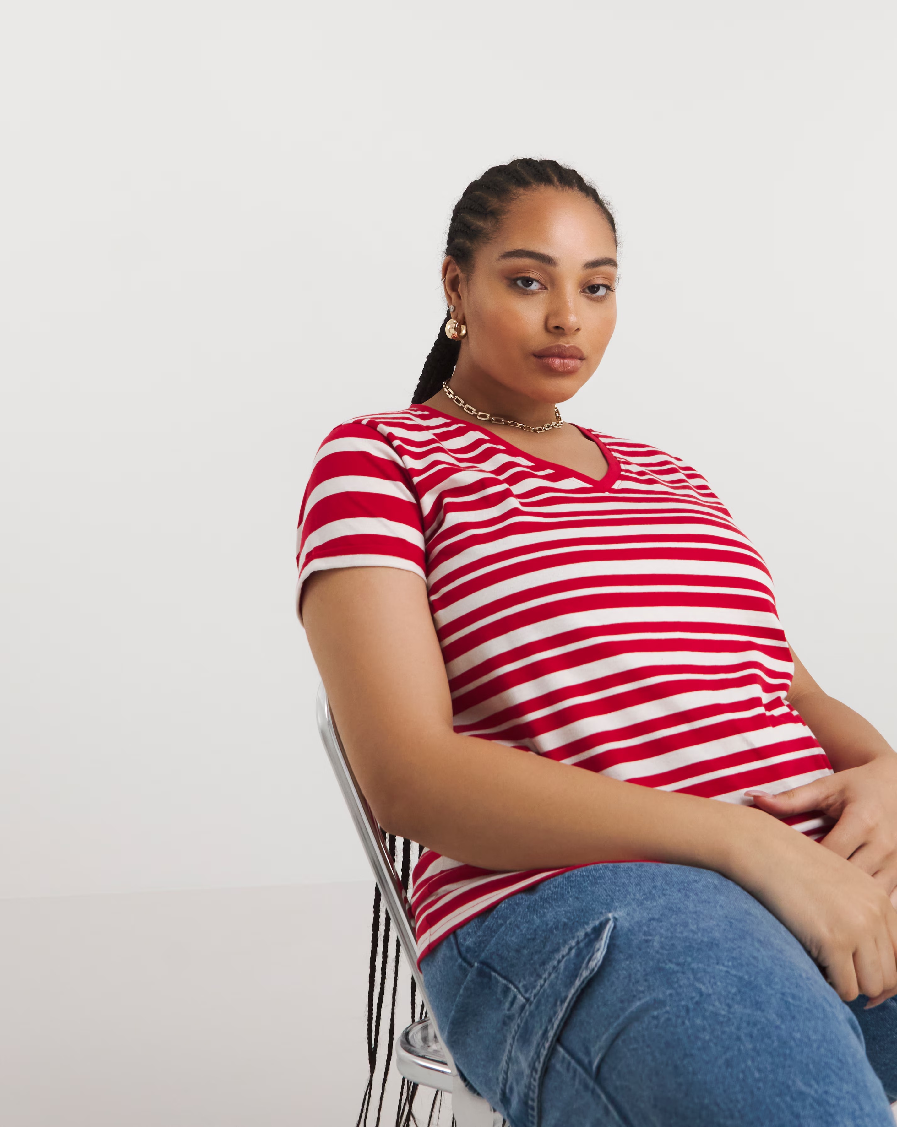 Red & Ivory Stripe V Neck Tee