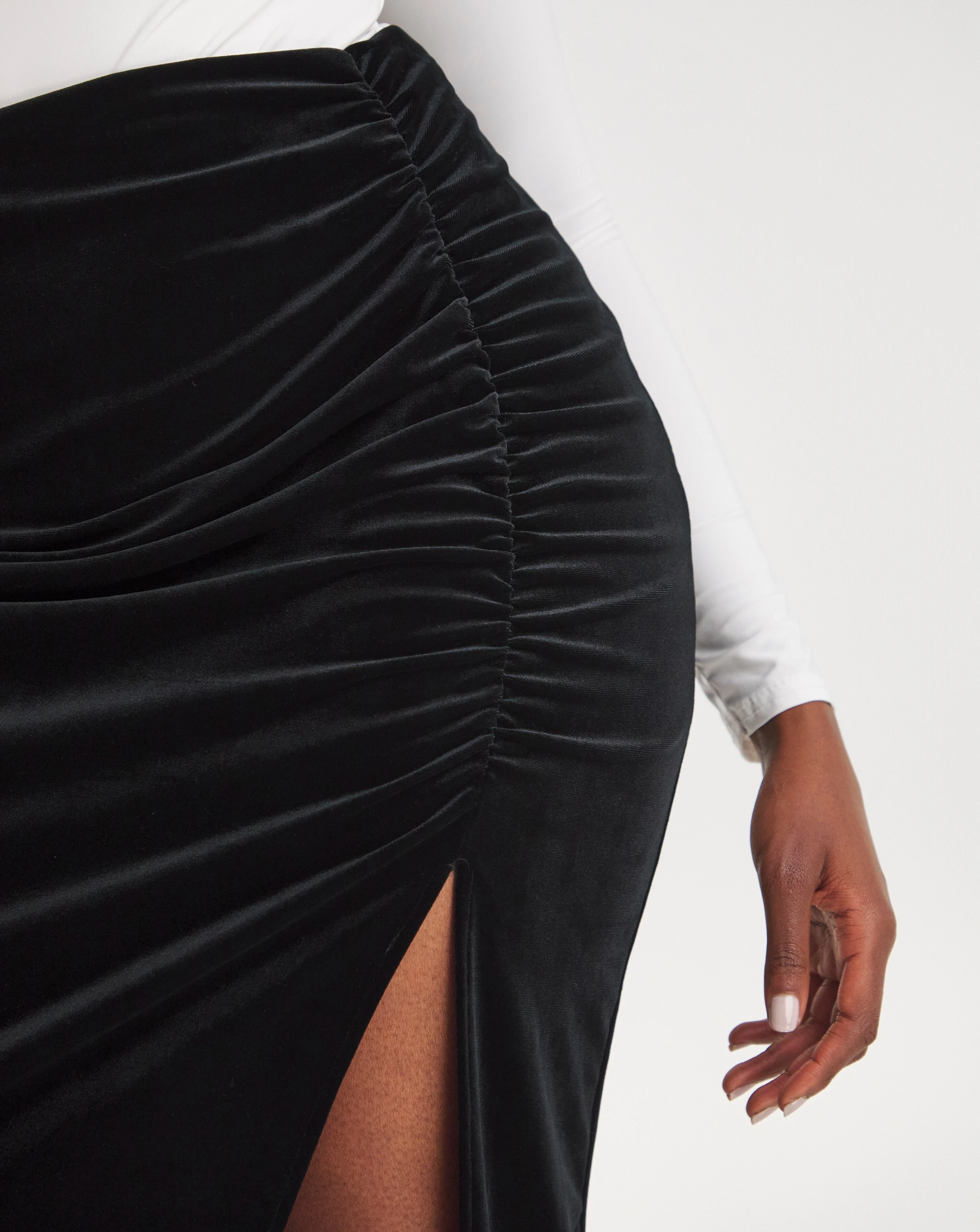 Black Side Split Velour Maxi Skirt