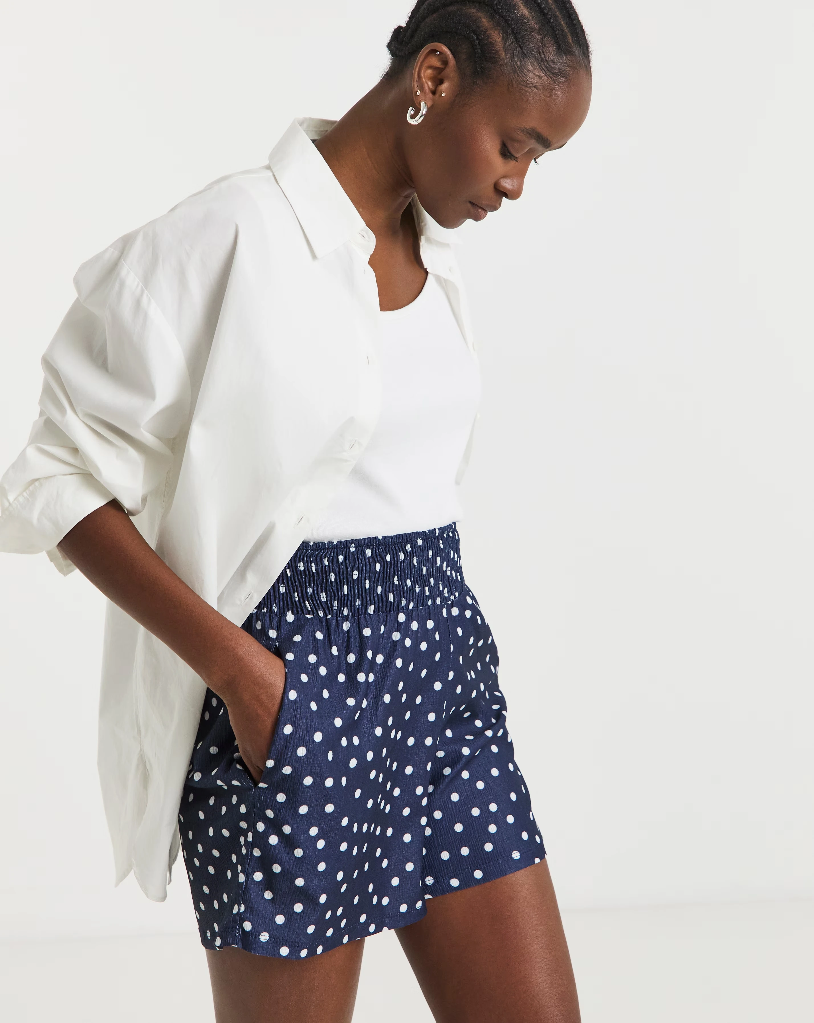 Navy Spot Textured Jersey Shirred Waist Short 1 77427-navy-spot-textured-jersey-shirred-waist-short-1.webp