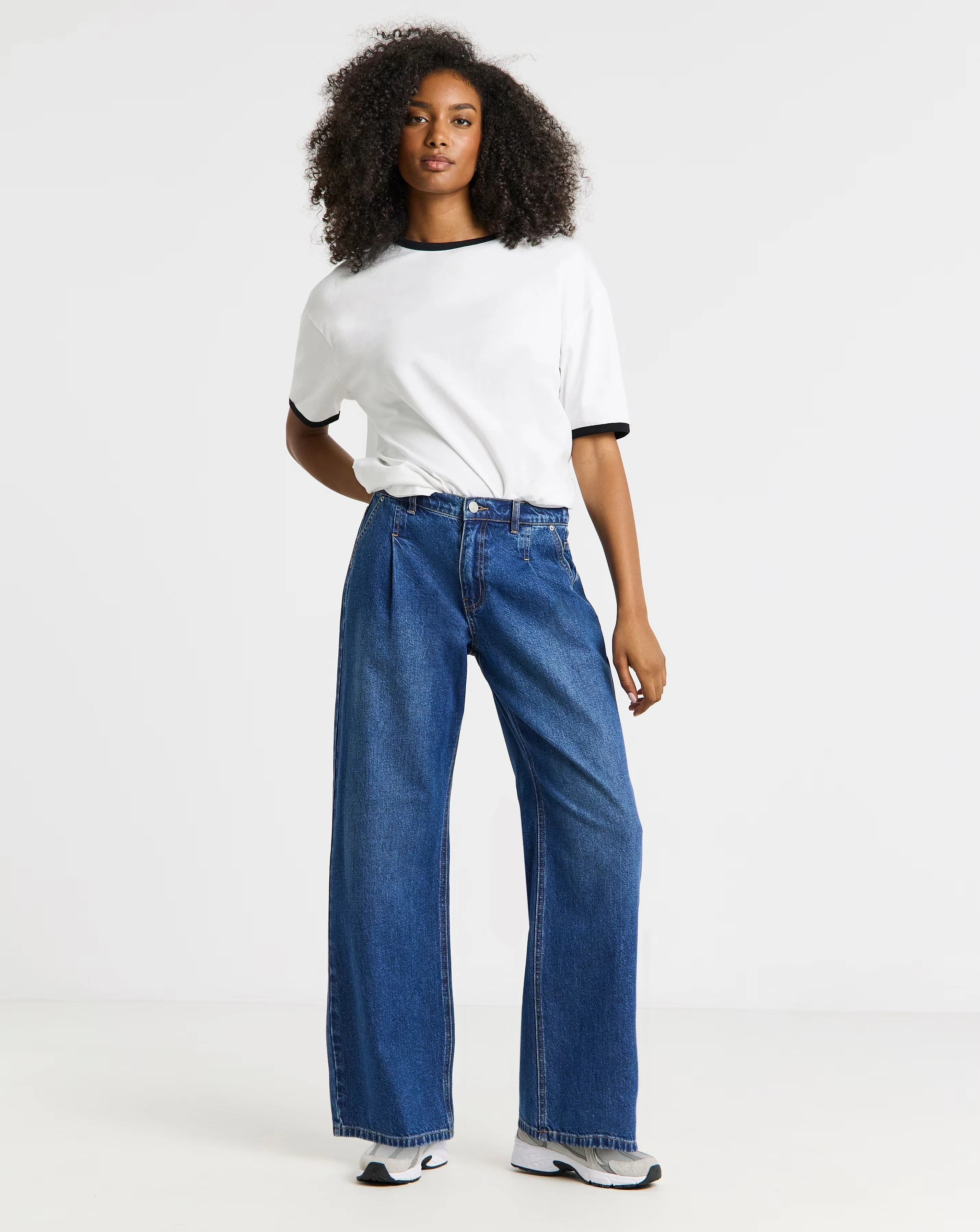 Simply Be Mid Blue Pleat Detail Wide Leg Jeans