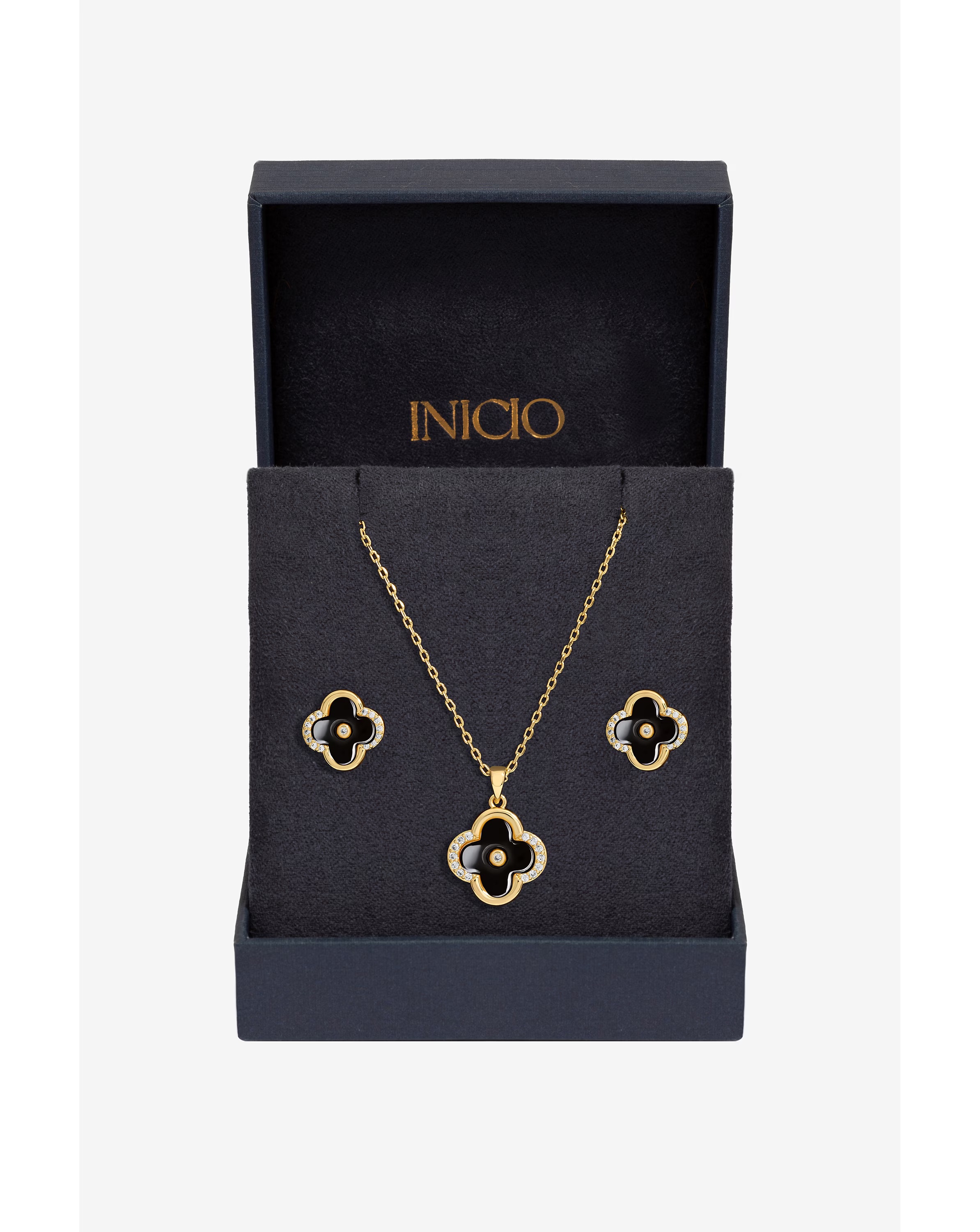 Inicio Gold Plated And Jet Enamel Clover Set - Gift Boxed