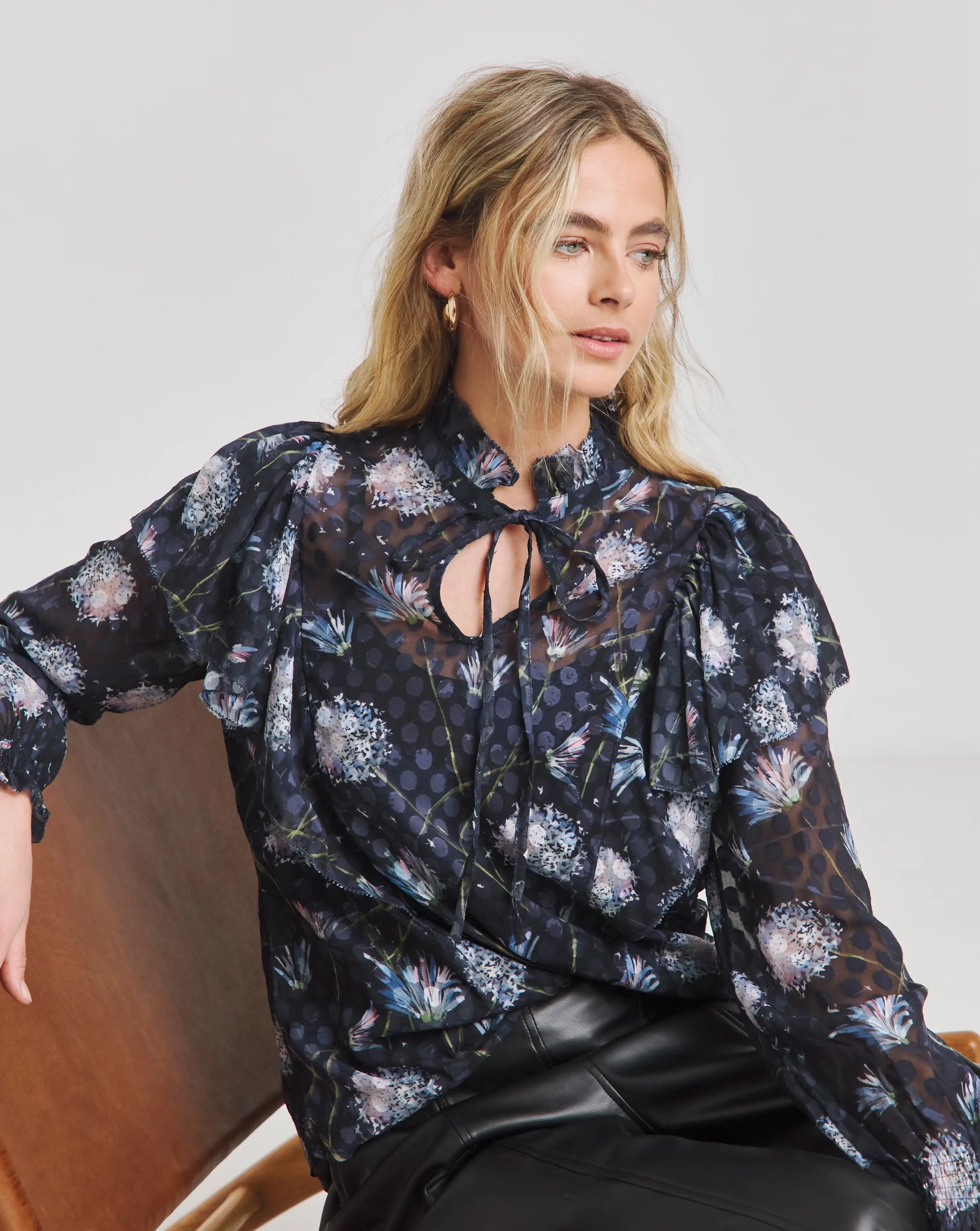 Joanna Hope Burnout Tie Neck Blouse