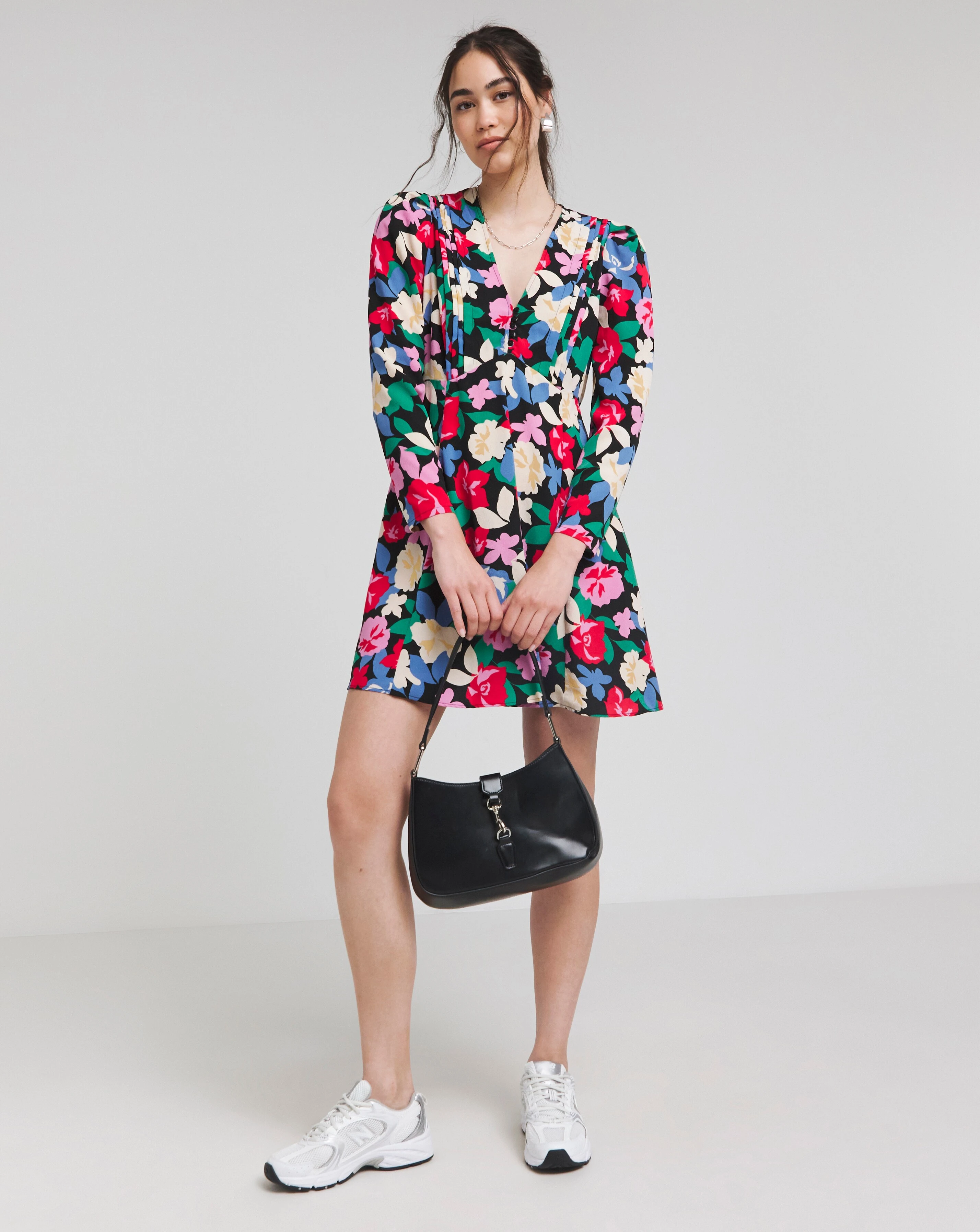 Black Floral Print Button Skater Dress