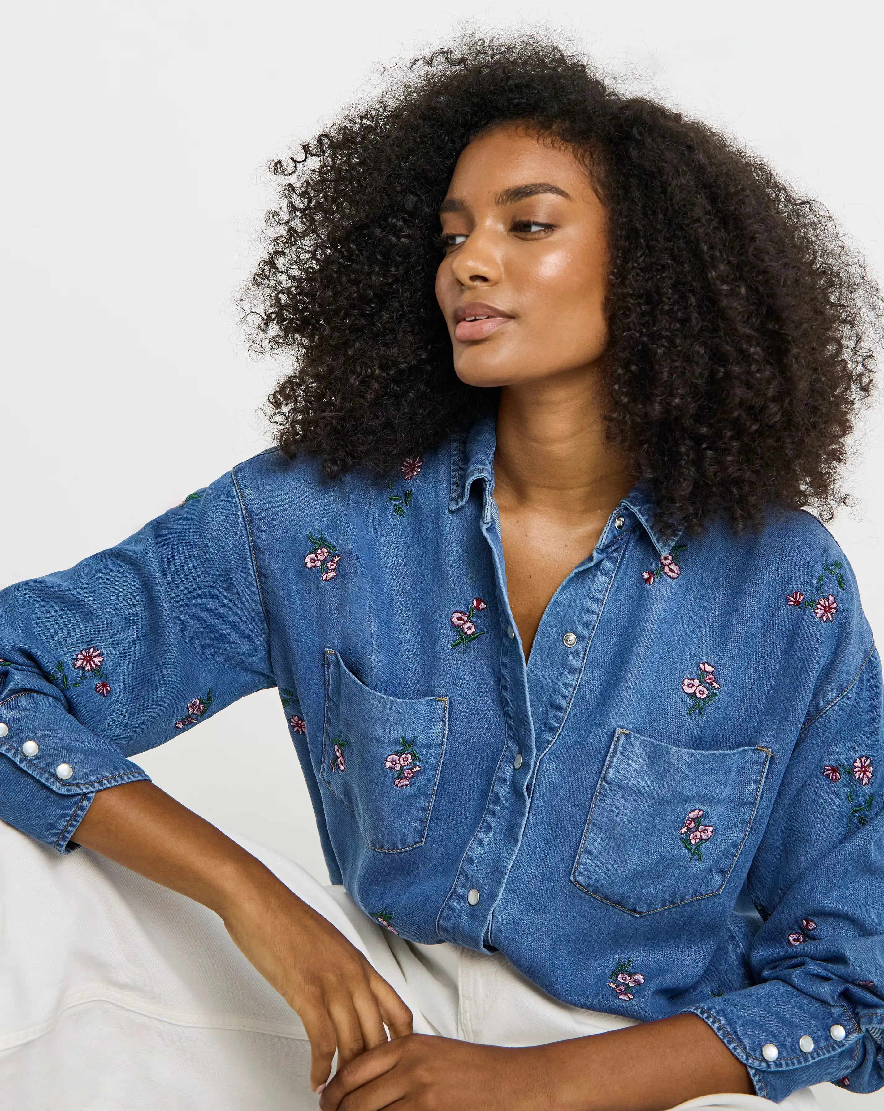Mid Wash Floral Embroidered Shirt with Lyocell