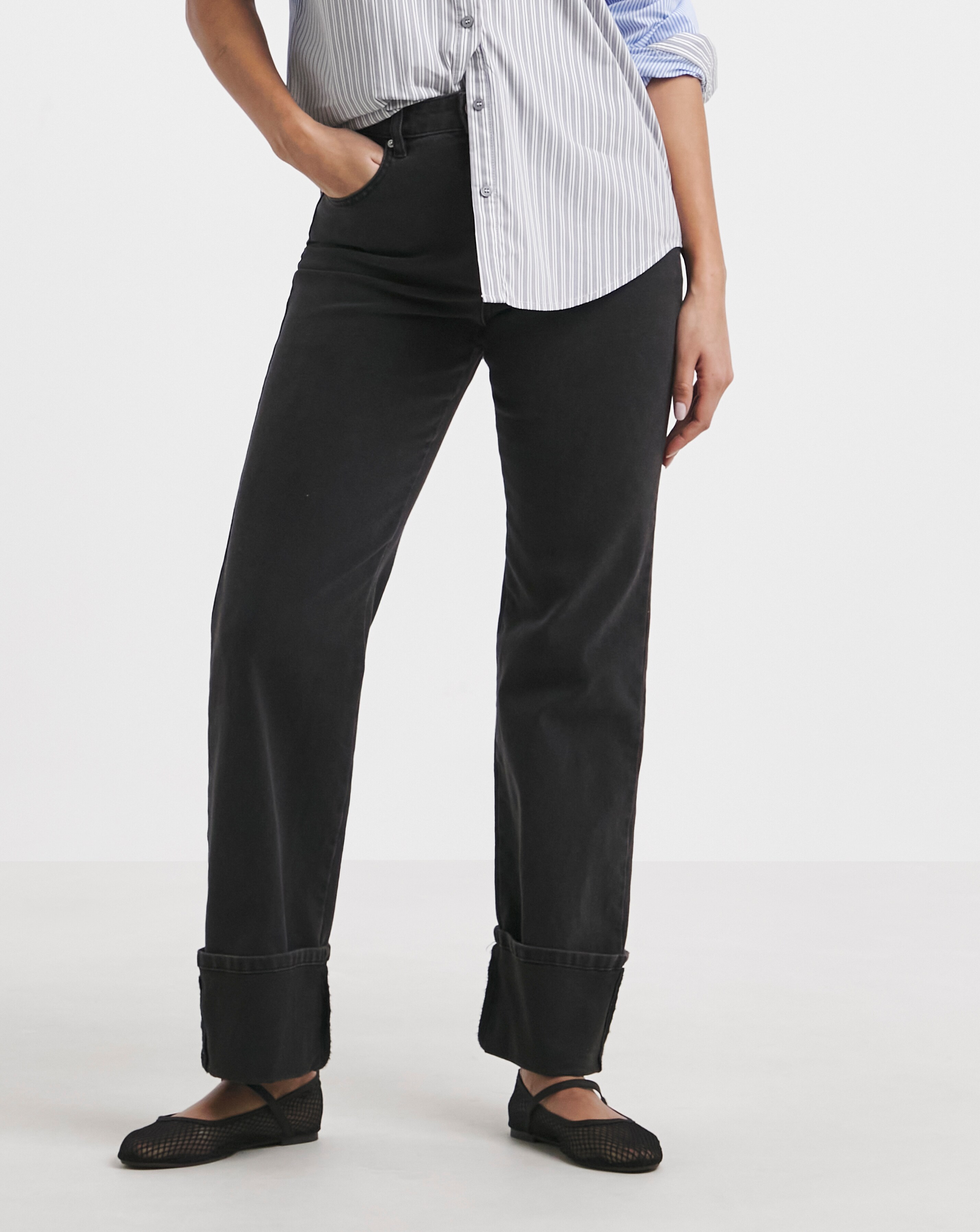 Black Turn Up Hem Straight Leg Jeans