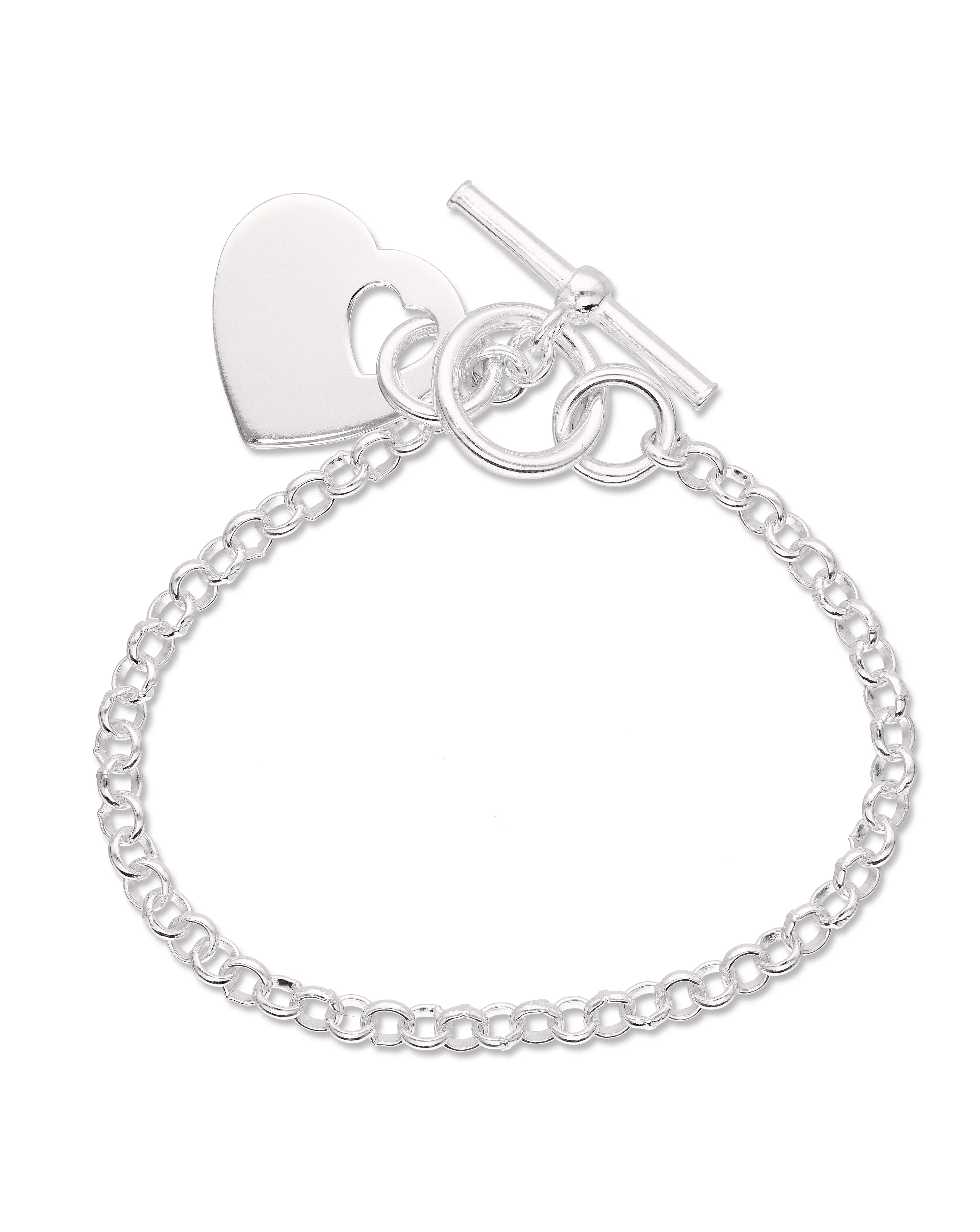 Sterling Silver T-Bar Bracelet With Heart Charm 7.5 inch