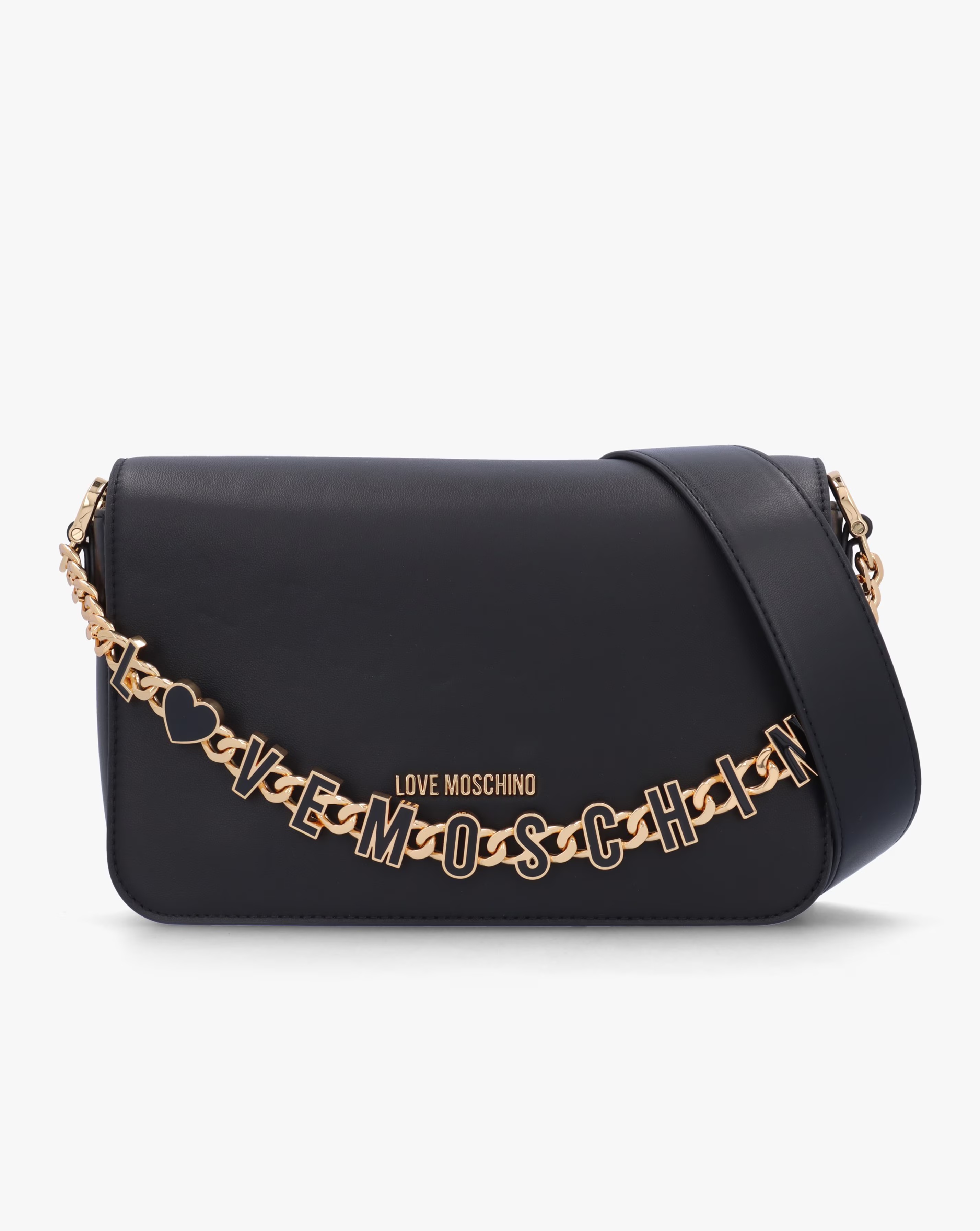 Love Moschino Chain Logo Black Flapover Cross-Body Bag