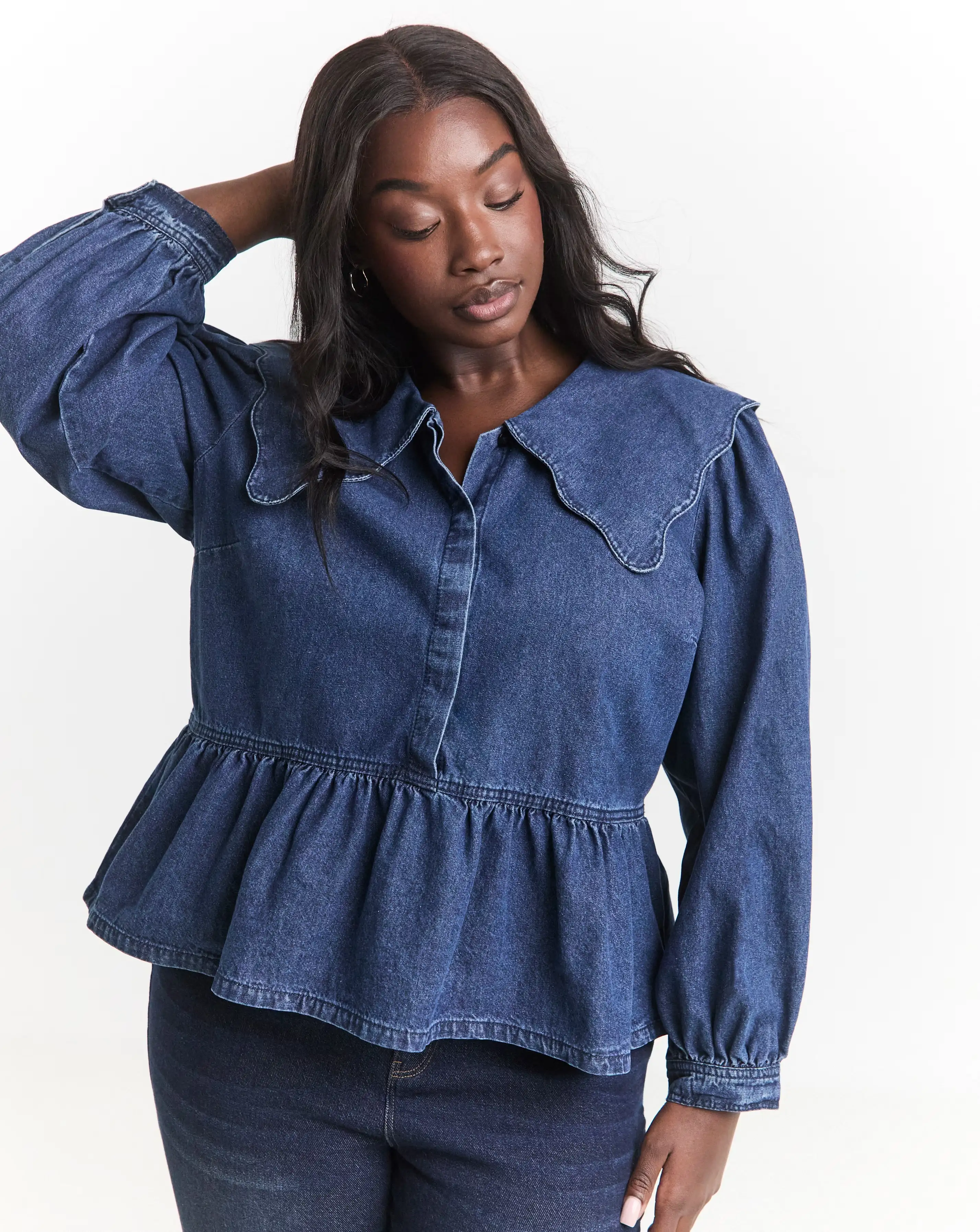 Mid Blue Denim Scalloped Collar Peplum Blouse