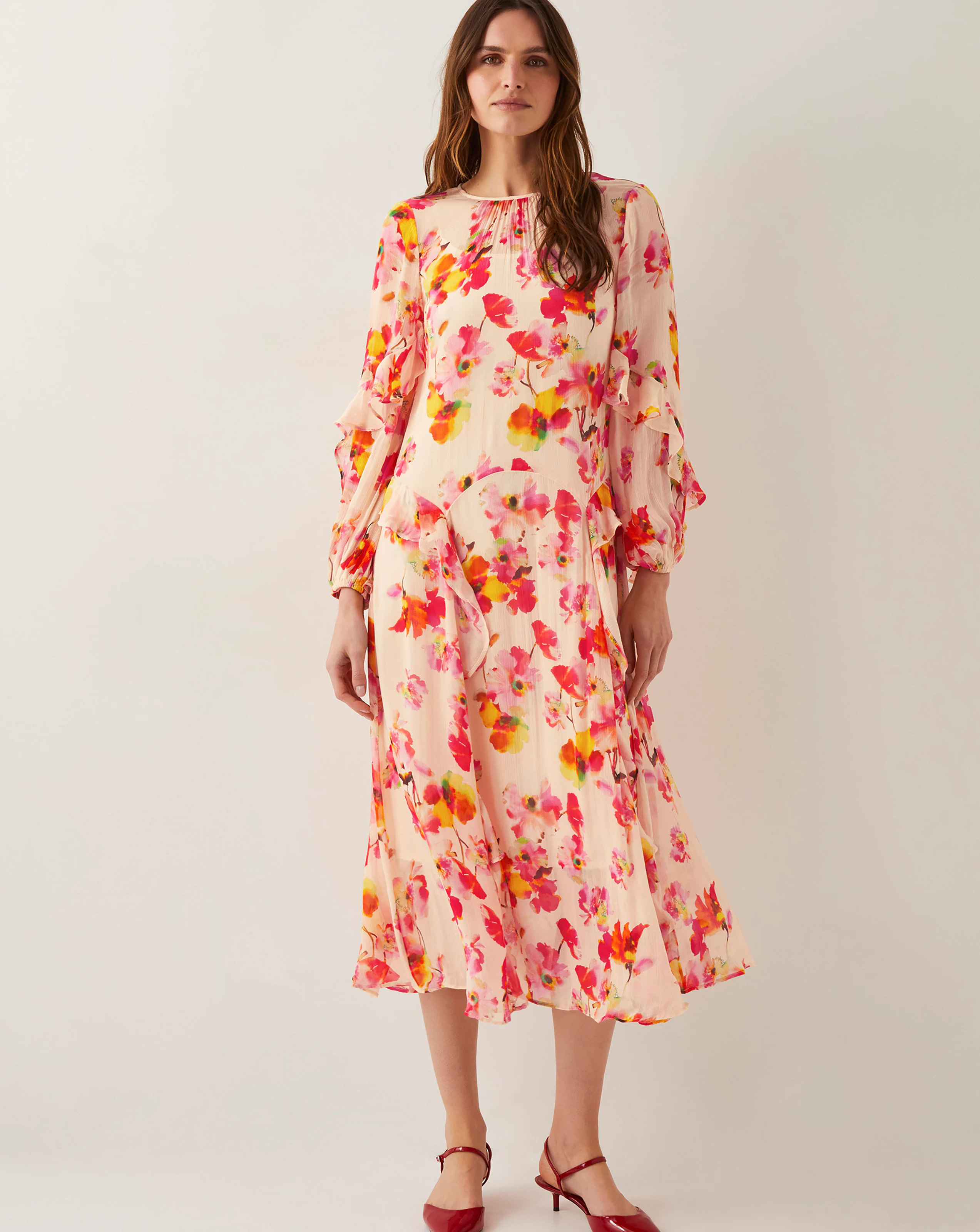Monsoon Vanna Frill Floral Print Midi Dress